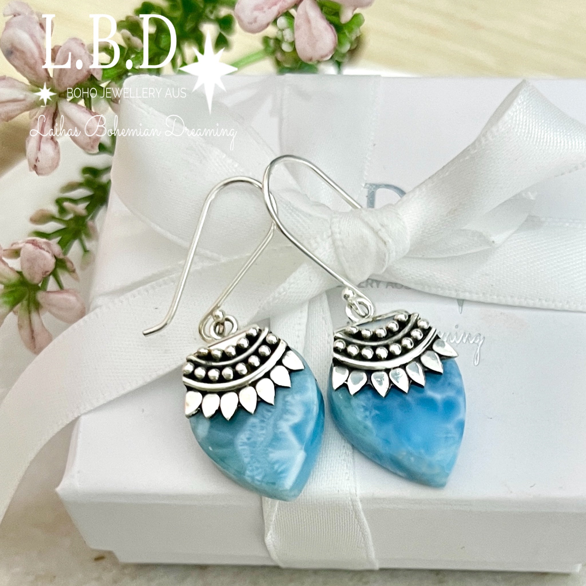Boho Style Larimar Earrings for Women – Handmade Dangle Earrings with Natural Stone – Perfect for Casual Wear, Beach Parties & Boho Fashion