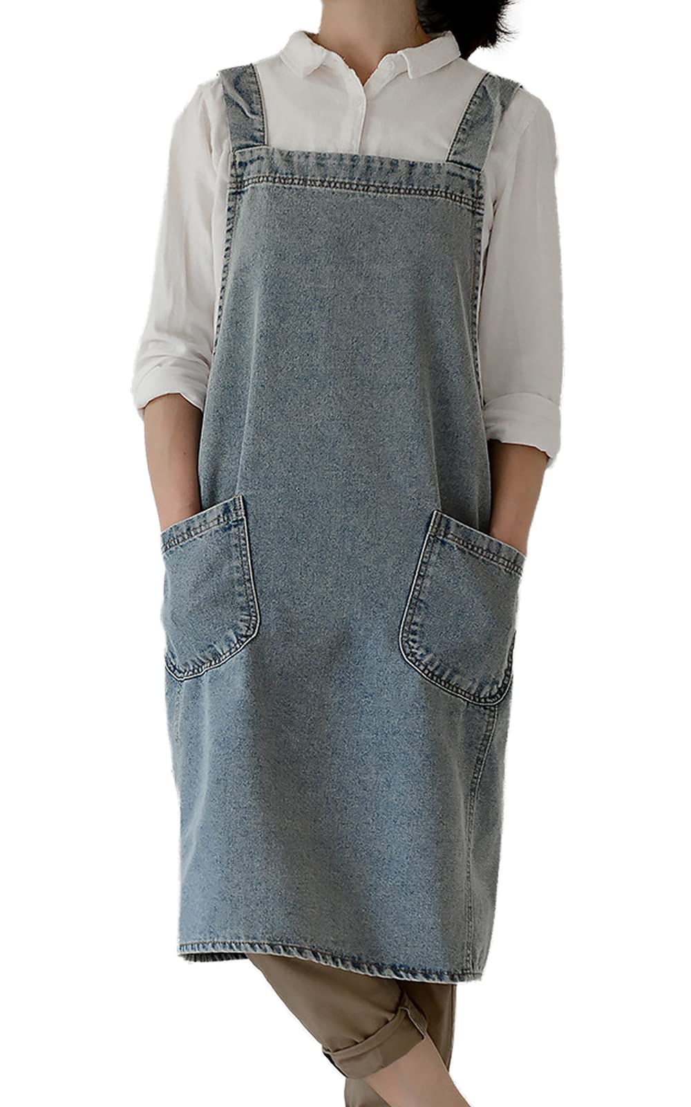 Yuaxme Women's Denim Apron with Cross Straps & Convenient Pockets - Durable Kitchen Cooking Apron for Baking, BBQ, Grilling & Restaurant Work