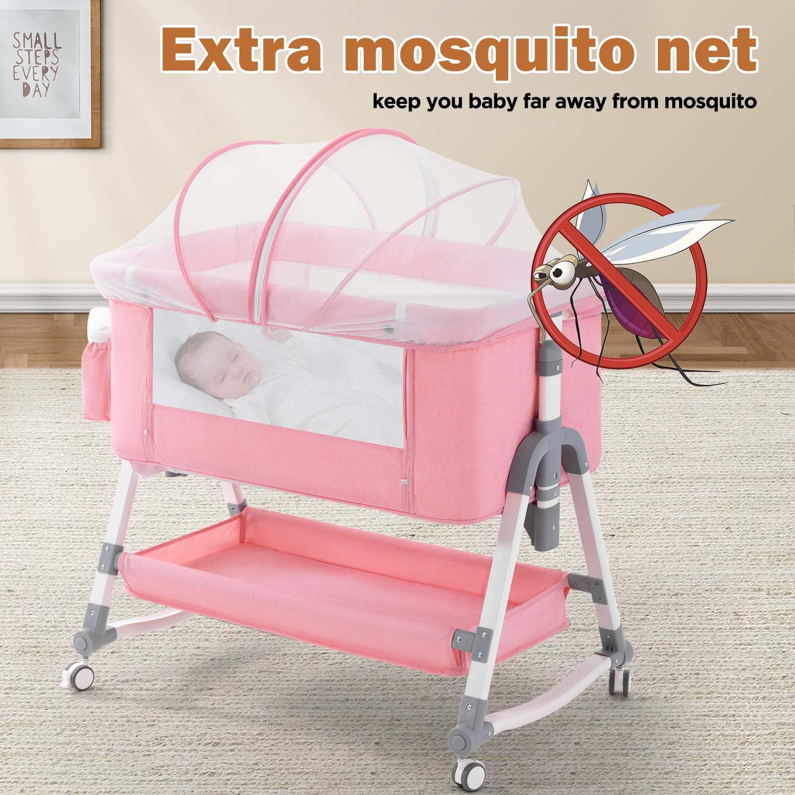 3 in 1 Baby Bassinet with Adjustable Height & Wheels - Portable Rocking Crib with Comfortable Mattress for Newborns & Infants - Perfect for Nursery, Bedside Sleeping & Travel - Pink