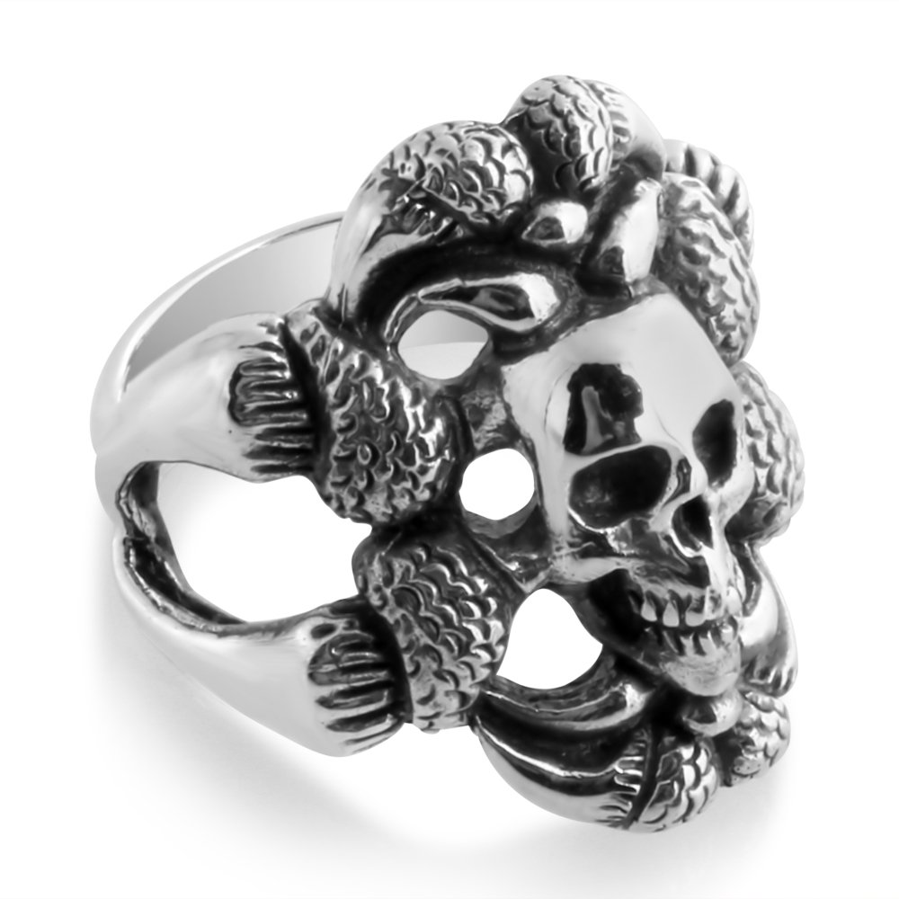 Azaggi 925 Sterling Silver Skull Face Snake Ring for Men - Gothic Punk Hardcore Jewelry - Size 8-13 - Perfect Holiday Gift for Him - Ideal for Halloween, Rock Concerts & Biker Events