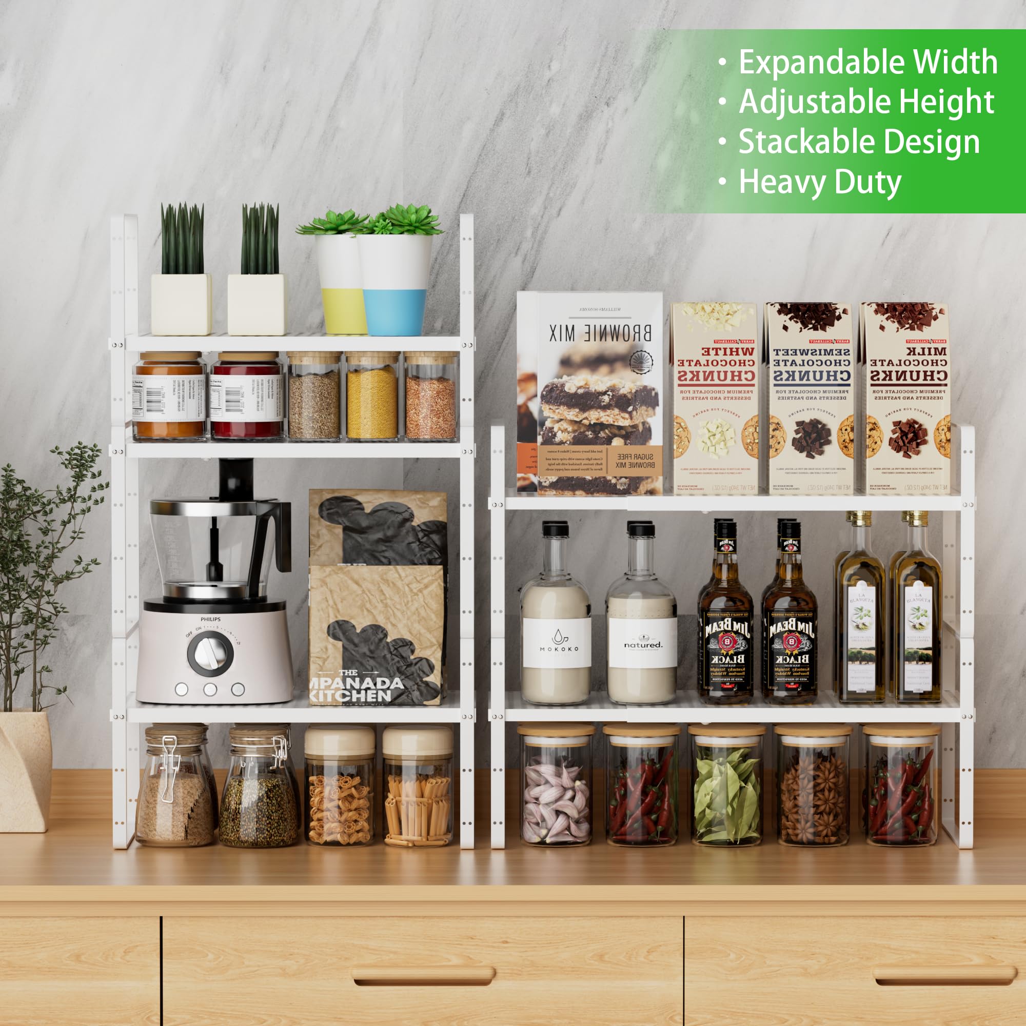 Expandable Cabinet Organizer Shelf - Stackable Storage Rack for Kitchen, Bathroom, Pantry & Office - Heavy Duty Non-Slip White Large Shelf (1 Pack) - Perfect for Spice Organization, Coffee Station & Countertop Storage
