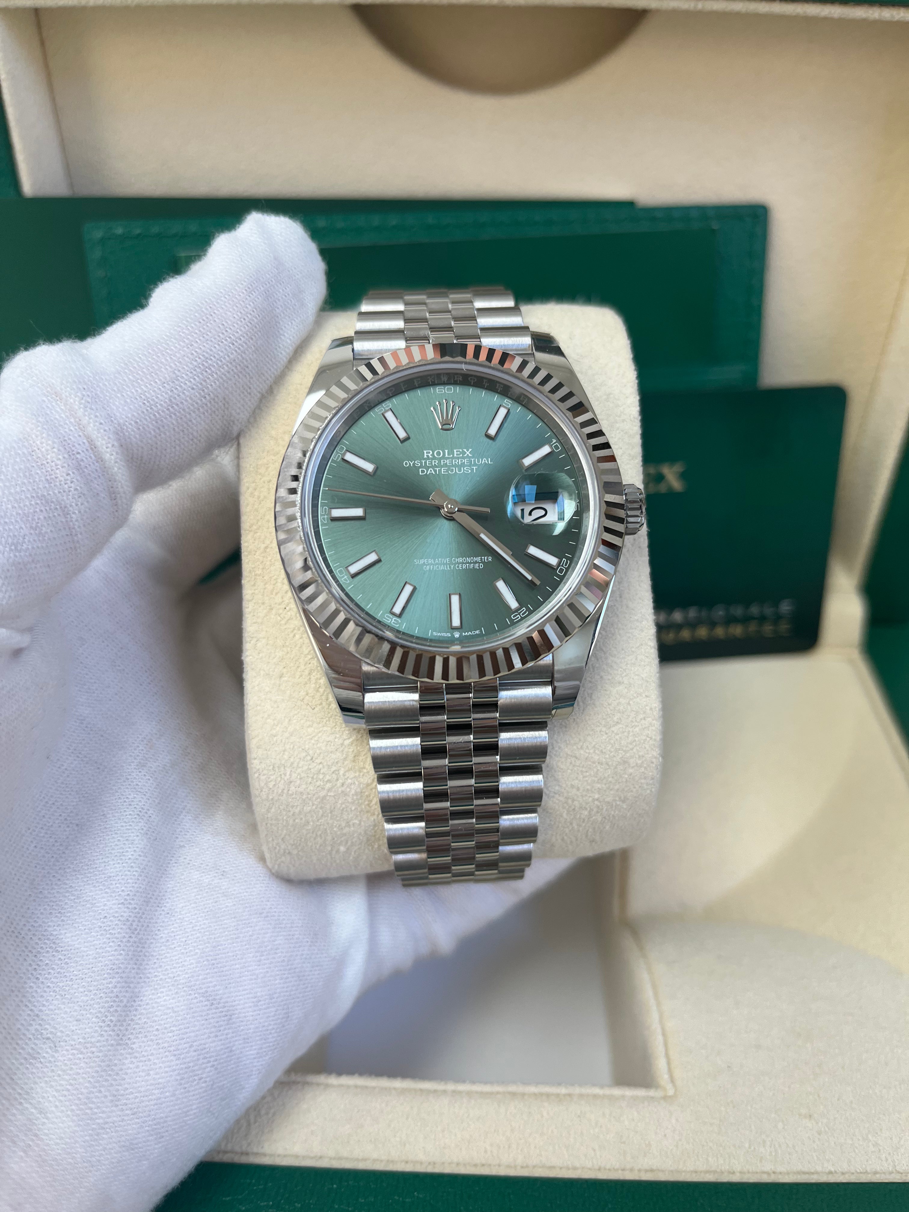 Rolex DateJust 41mm Oystersteel Watch with Mint Green Dial, Fluted Bezel & Jubilee Bracelet (Ref.126334) - Luxury Dress Watch for Business & Formal Occasions