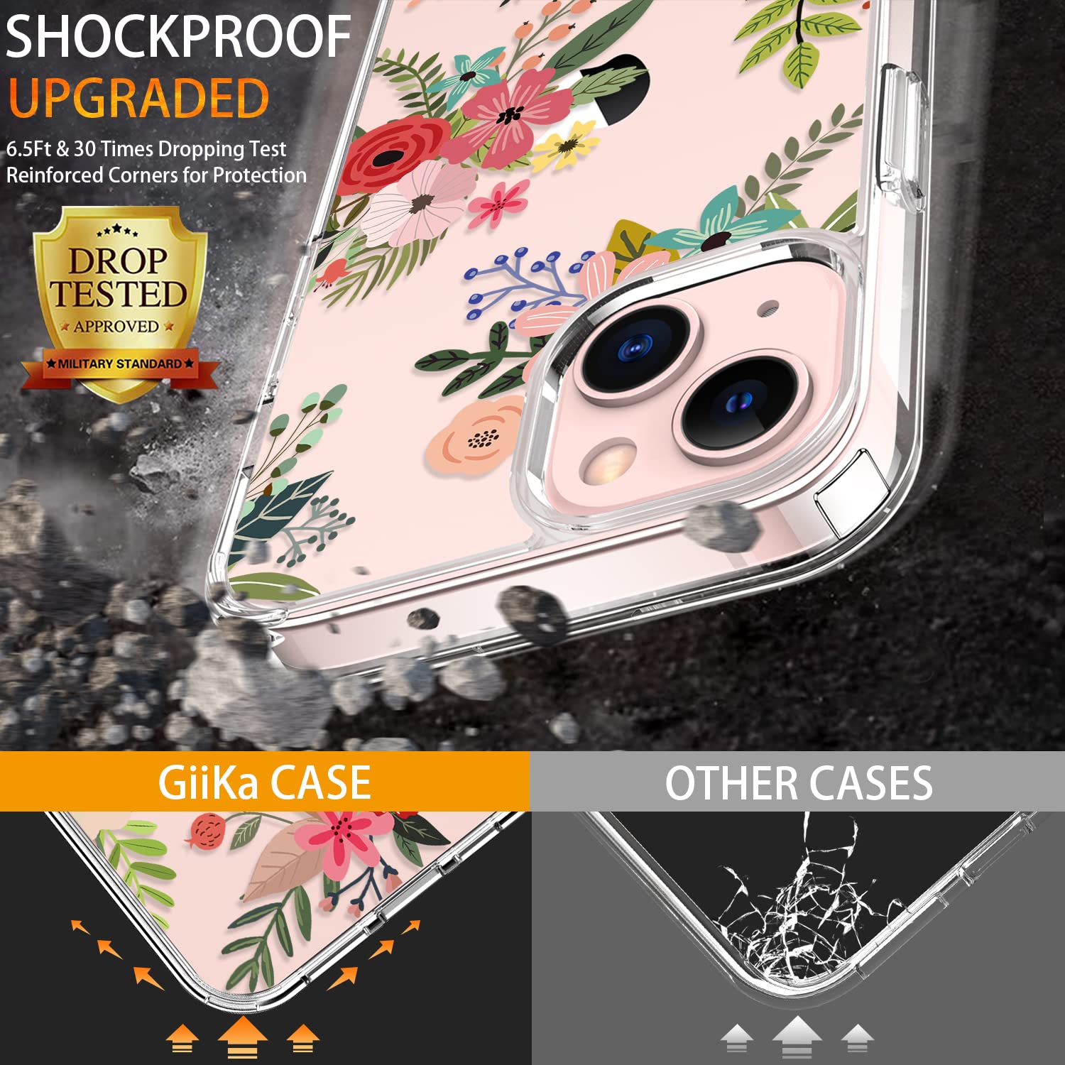GiiKa iPhone 13 Case with Screen Protector - Clear Full Body Protective Floral Design Shockproof Hard Case with TPU Bumper Cover for Women & Girls | Perfect for Everyday Use, Work, School & Travel