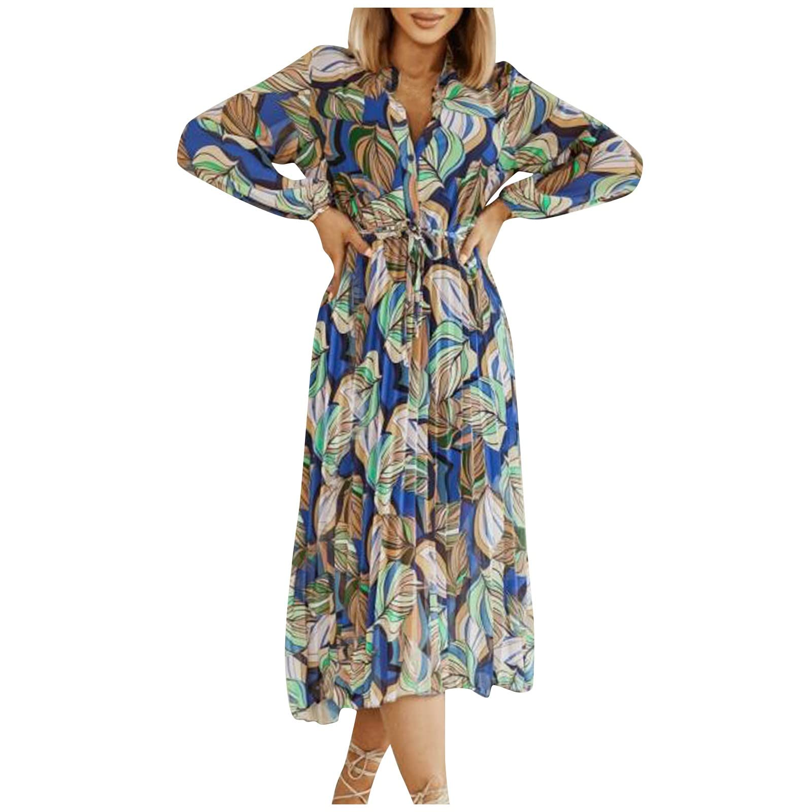Long Sleeve Maxi Dress Women's Casual Floral Button Up Flowy Boho Beach Dress for Summer Vacation, Date Night, and Outdoor Parties