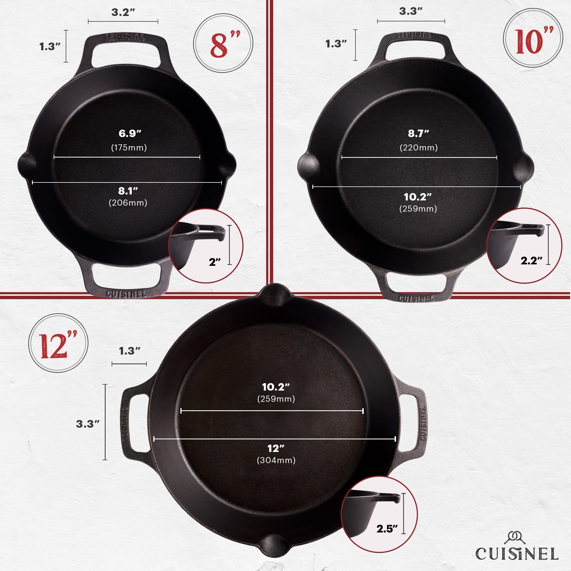 Premium Cast Iron Skillet Set with Lid - 8