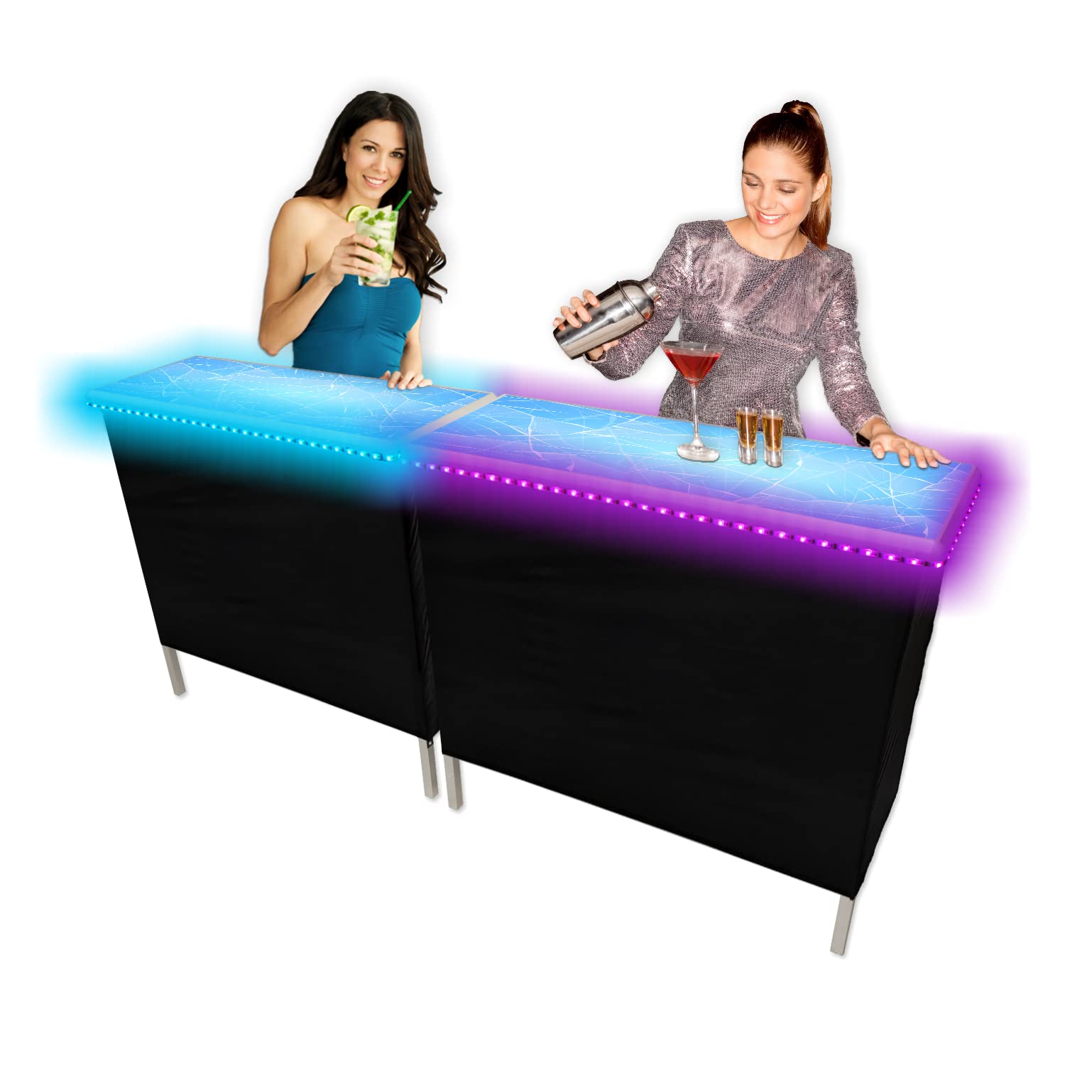 PartyPong Iced Folding Portable Party Bar with Patented Multi-Color LED Lights, Black Skirt & Storage Shelf - Double Set for Outdoor Events, Backyard Parties & Tailgating