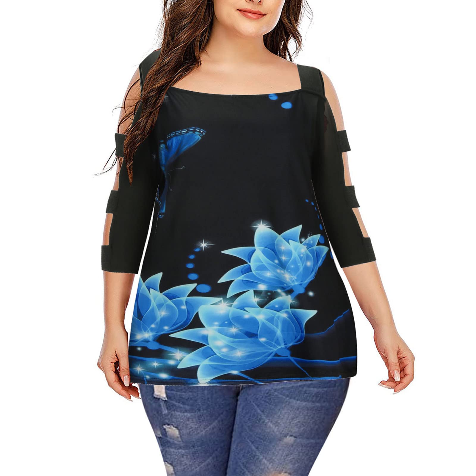Plus Size Cold Shoulder Blouse - Women's Summer 3/4 Sleeve Tops for Casual Outfits