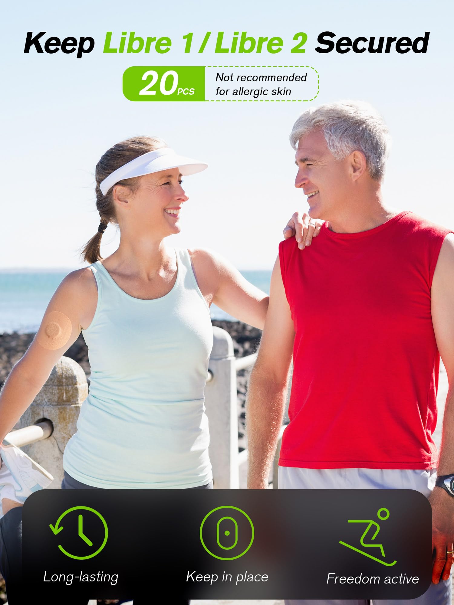20 Pack Waterproof Adhesive Patches for Freestyle Libre 1/2 Sensors - Strong Medical Tape for 10-14 Day Wear - Pre-Cut Tan Skin Covers with No Center Glue - Ideal for Swimming, Sports & Active Lifestyles