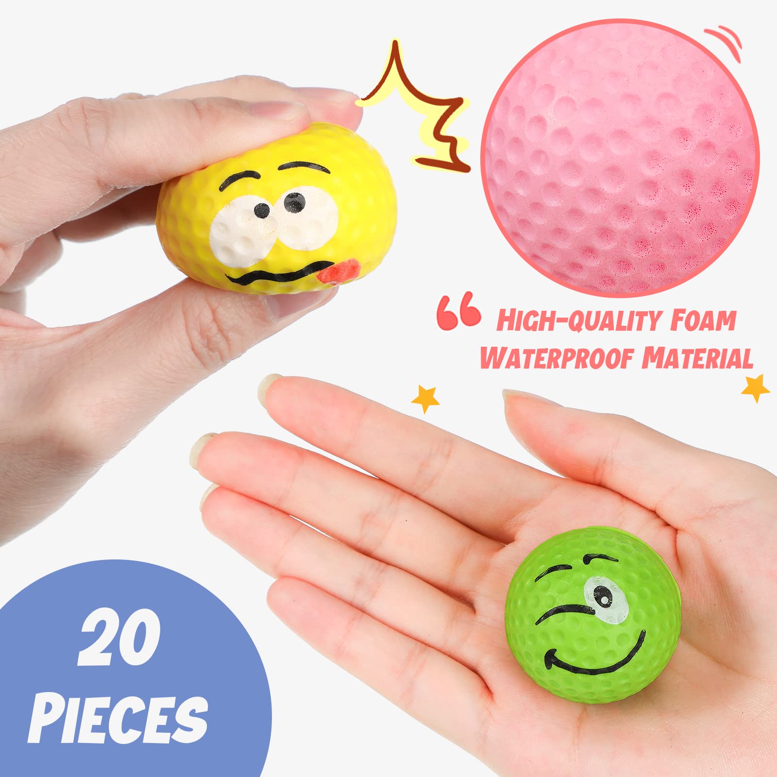 20 Pack Smile Stress Relief Golf Balls - 1.57 Inch Foam Practice Balls for Golf Training, Party Favors & School Carnival Prizes | Perfect for Summer Golf Parties, Office Stress Relief & Kids' Outdoor Games
