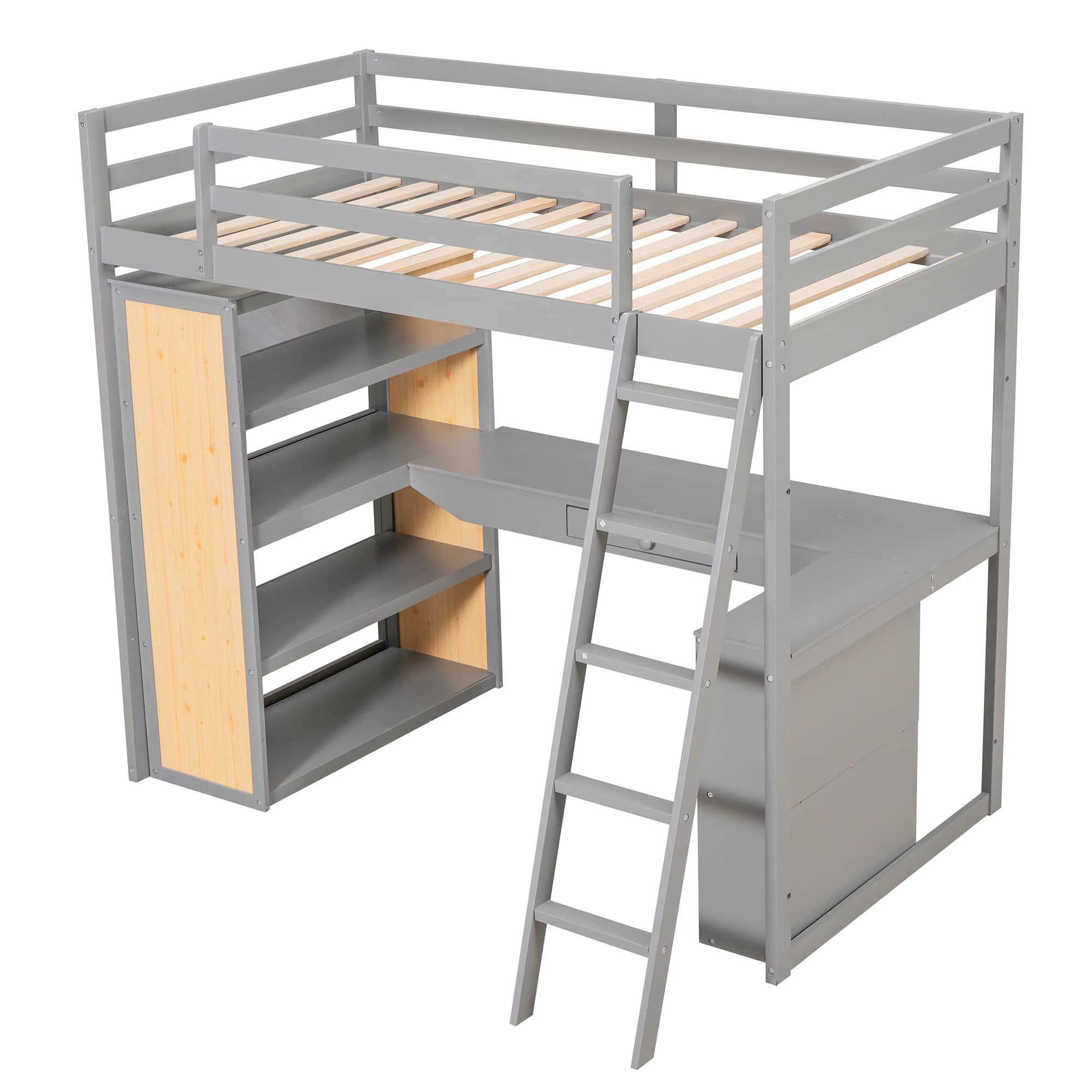 Harper & Bright Designs Twin Size Loft Bed with Desk & Storage - Wooden Study Loft Bed with Shelves, Cabinet & Drawers for Kids, Teens, Boys & Girls - Space-Saving Bedroom Furniture for Small Rooms (Grey, Twin Size) - Perfect for Dorm Rooms, Kids' Bedrooms & Small Apartments