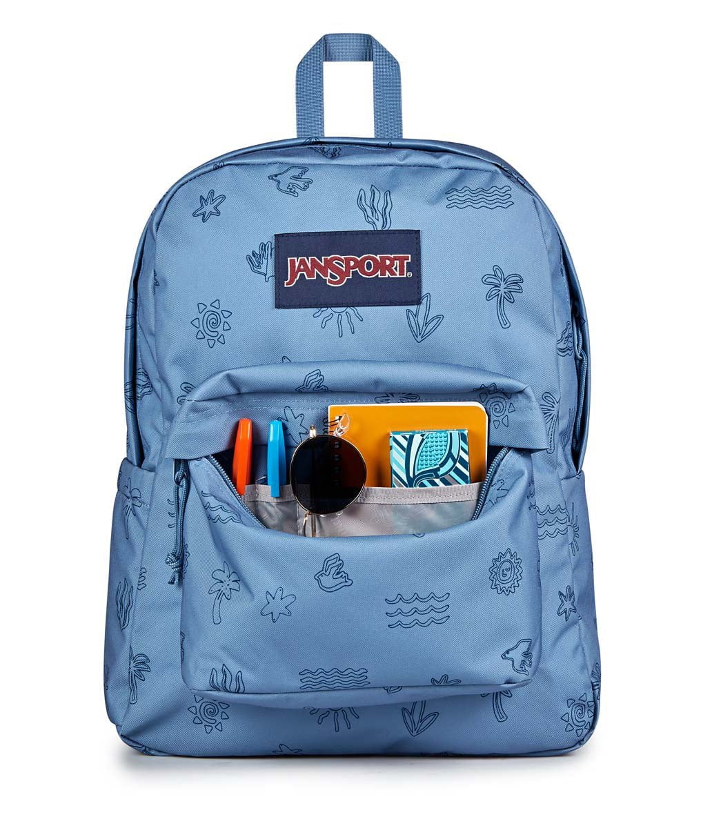 JanSport SuperBreak Plus Backpack - Lightweight Laptop Backpack for School & Travel, Durable Water-Resistant Design, Sunny Sketches Blue Print | Perfect for College Students, Commuters & Outdoor Adventures