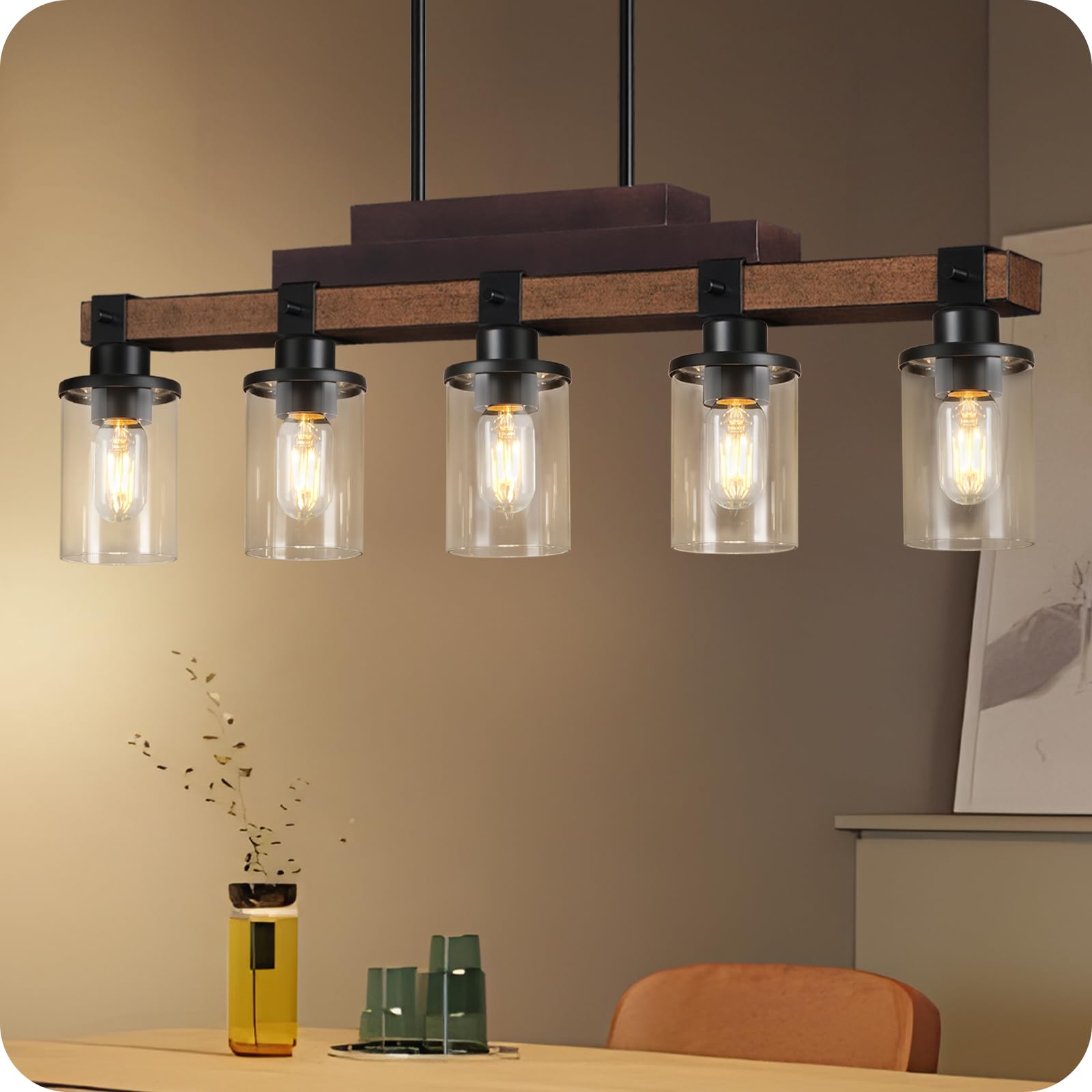 5-Light Kitchen Island Pendant Lighting Fixture - Heavy Duty Modern Dining Room Chandelier with Glass Shades, E26 Base - Perfect for Kitchen, Dining Room, Bar Counter & Breakfast Nook Lighting
