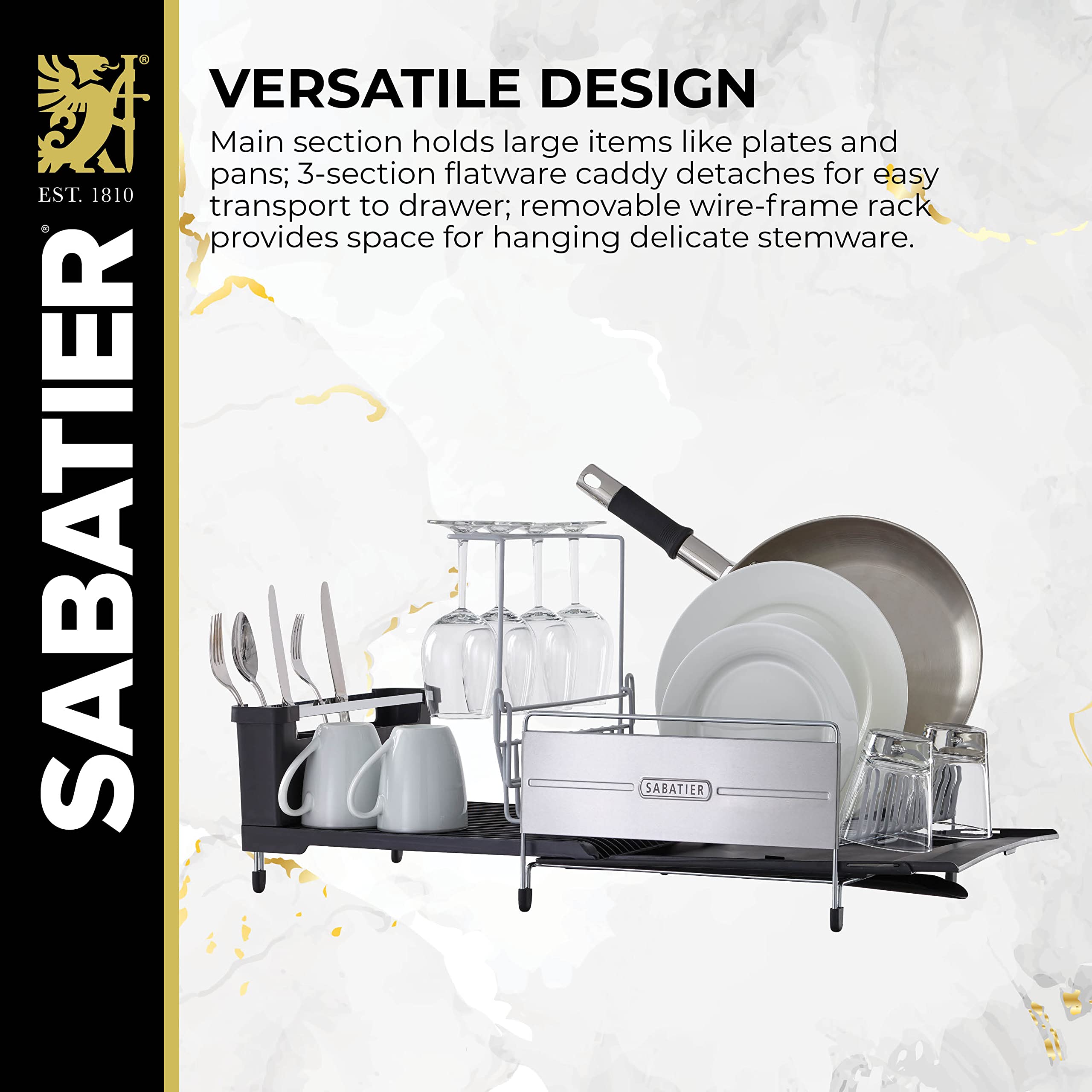 Sabatier Expandable Stainless Steel Dish Rack - Rust-Resistant Soft Coated Wires, Bi-Directional Spout, Utensil Caddy & Removable Stemware Holder - Perfect for Kitchen Countertop, Sink Side & Small Space Organization