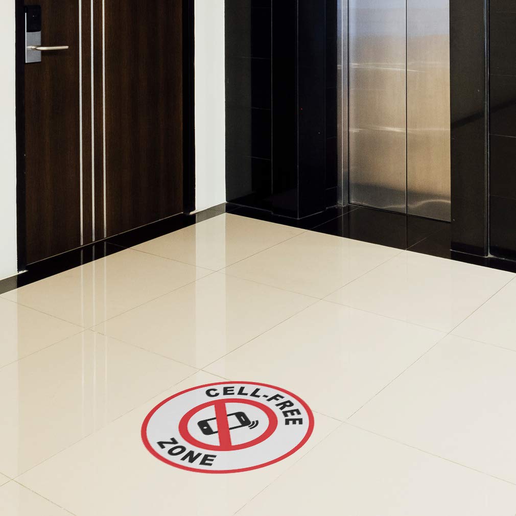 Anti-Slip Round Cell Phone Floor Decals - 36 Inch Free Zone Signs in Black & Red for Retail Stores, Warehouses & Industrial Areas (Non-Slip Mobile Device Safety Stickers)
