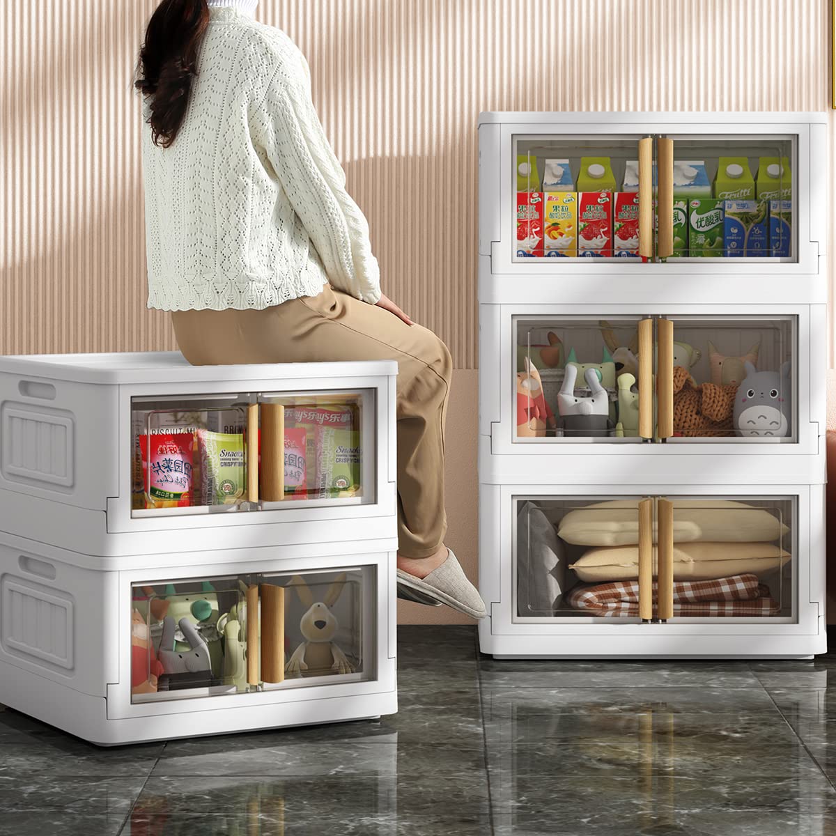 78 Quart Plastic Storage Bins with Lids - 5 Pack Stackable Collapsible Organizer Bins with Wheels & Dual Open Design - White Closet Storage Containers for Home, Office, Garage & Closet Organization