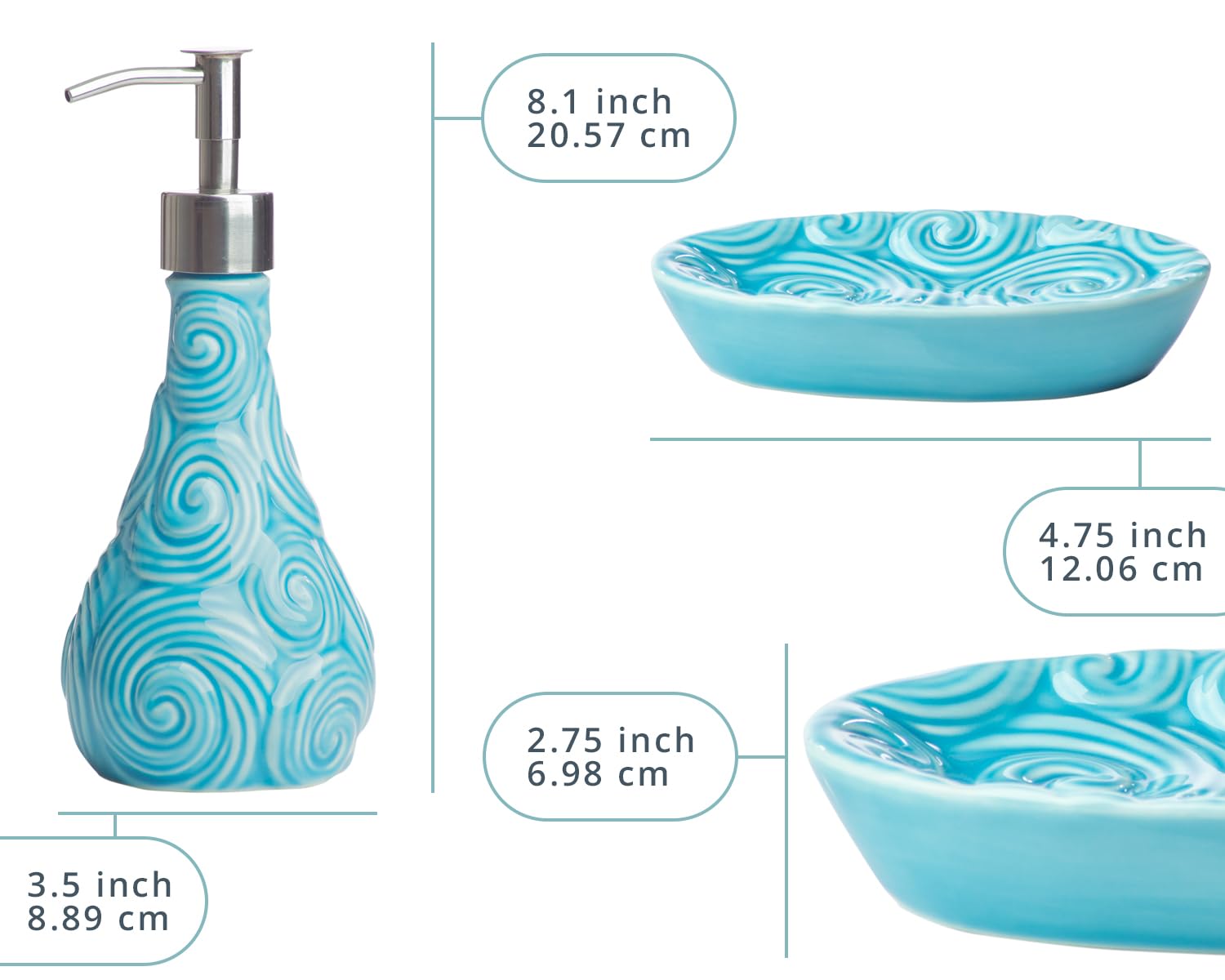Luxury 4-Piece Bathroom Set - Porcelain Soap Dispenser, Toothbrush Holder, Tumbler & Soap Dish - Glossy Aqua Blue Ocean Waves Design - 15.6oz Capacity - Perfect for Bathroom Organization & Spa-Like Decor