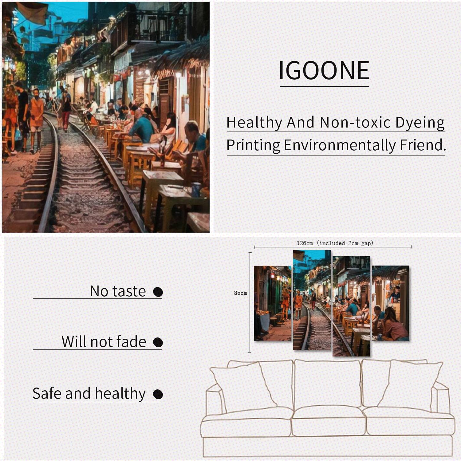 IGOONE 4-Panel Canvas Wall Art - Hanoi Vietnam Train Street Restaurant Scene Painting, Modern Framed Poster for Living Room & Bedroom Decor | Ready to Hang Home Decoration | Perfect for Housewarming Gift & Apartment Wall Decor