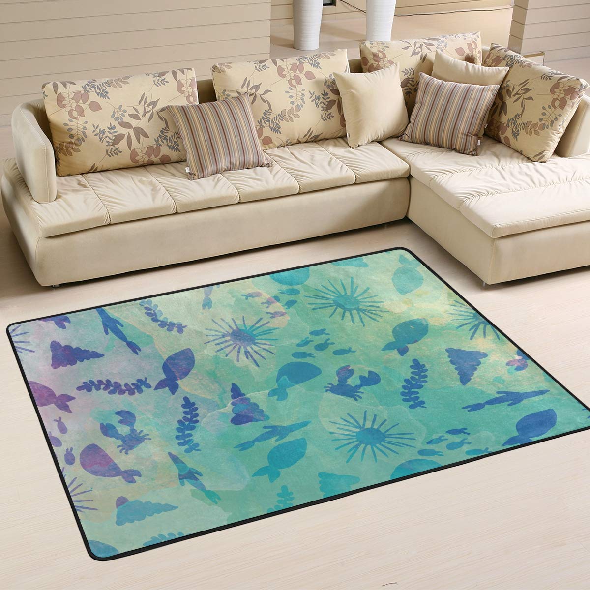Watercolor Blue Fish & Seaweed Area Rug - Non-Slip Indoor/Outdoor Floor Mat for Entryway, Living Room, Bedroom - Perfect Home Decor & Doormat for Coastal & Beach House Style