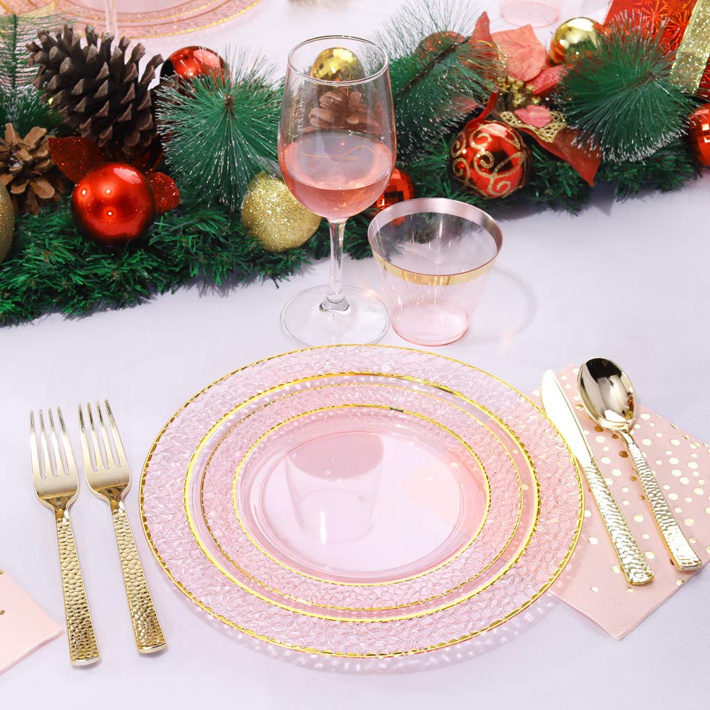 NERVURE 175-Piece Pink Gold Rim Disposable Plastic Tableware Set - 25 Dinner Plates, Dessert Plates, Forks, Knives, Spoons, Cups & Napkins - Perfect for Parties, Weddings, Picnics & Events