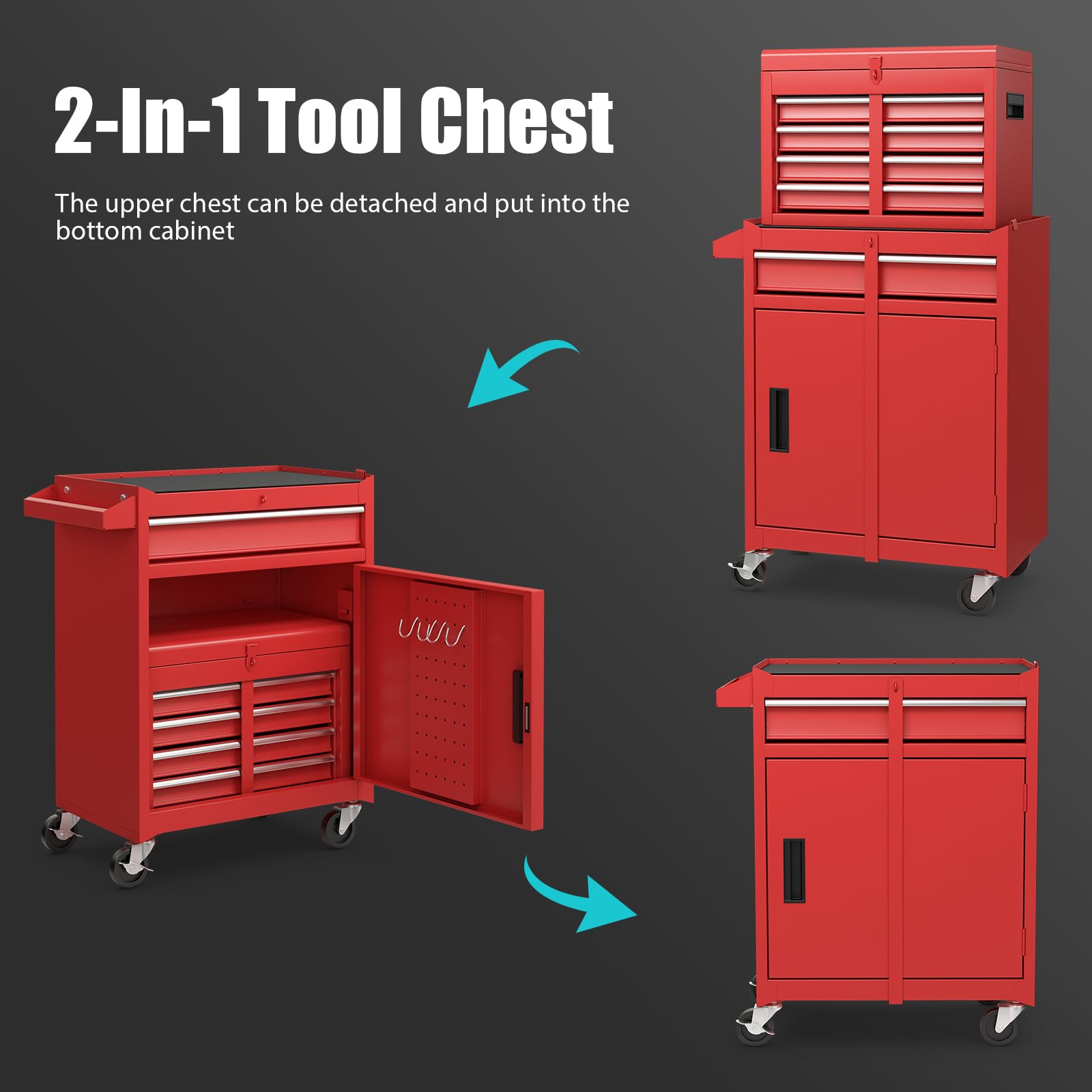 Happytools 5-Drawer Rolling Tool Chest - 2 in 1 Detachable Lockable Metal Tool Storage Cabinet with 4 Universal Wheels & Hooks | Heavy Duty Tool Box Organizer for Workshop, Garage, Repair Shop & Home Use | Perfect for DIY Projects, Auto Repair & Tool Organization (Red)
