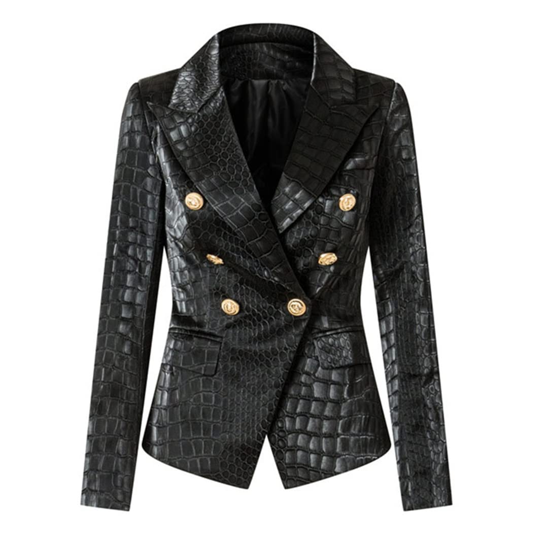 Luxury Women's Black PU Leather Crocodile Print Blazer - Double Breasted Button Street Jacket for Office, Party & Casual Wear