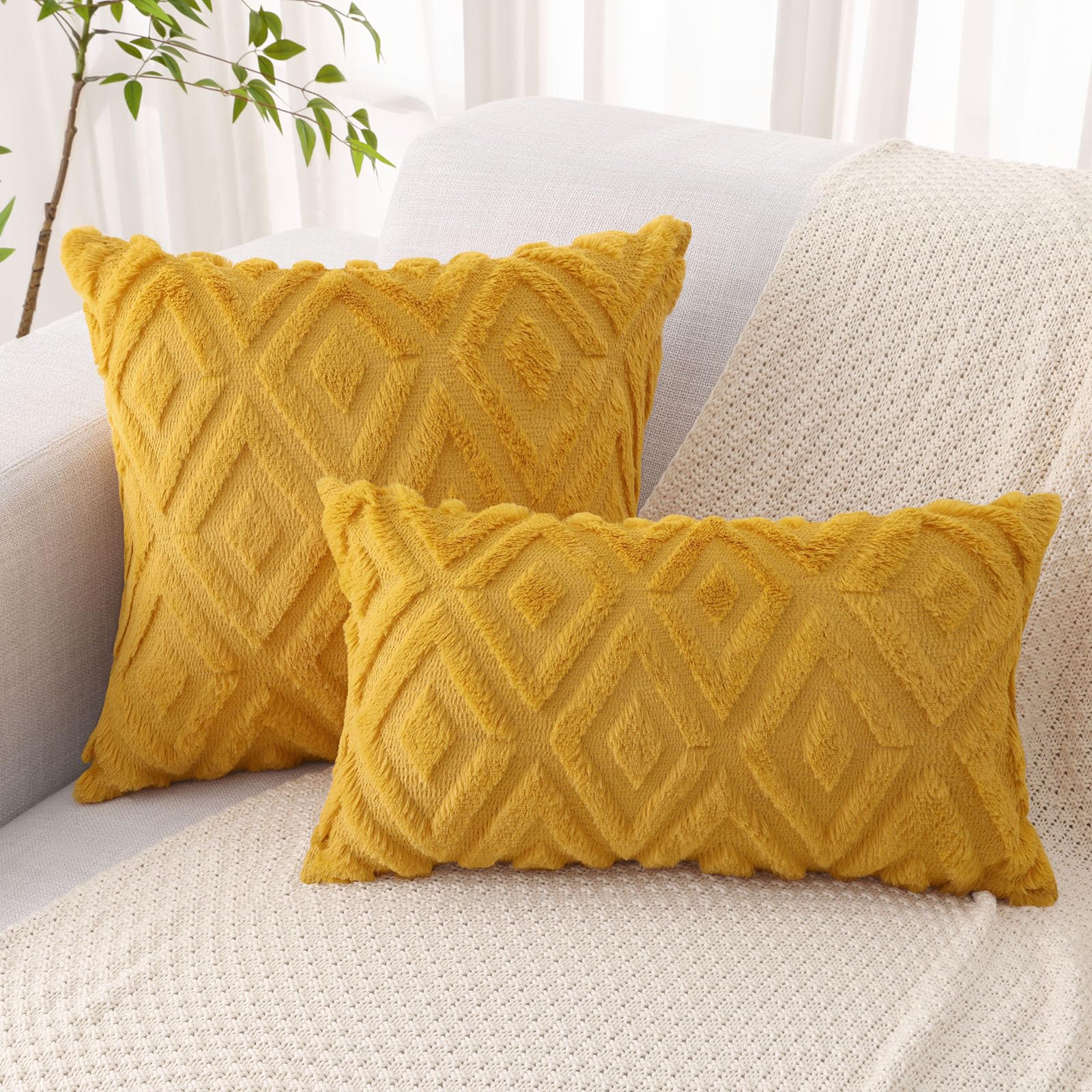 Pallene Soft Faux Fur Throw Pillow Covers 22x22 Set of 2 - Plush Wool Decorative Couch Pillow Covers for Sofa, Bed, Living Room - 3D Diamond Pattern Mustard Yellow - Perfect for Home Decor, Cozy Winter Nights & Gift Giving