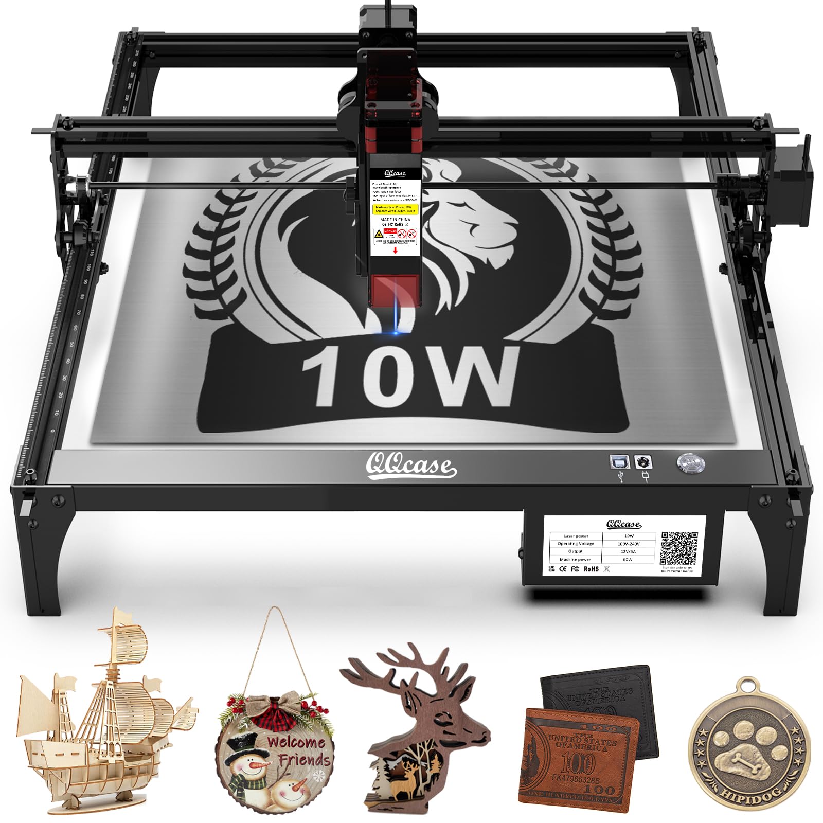 QQCASE 10W Laser Engraver & Cutter - High Precision 60W Output Engraving Machine for Wood, Metal, Leather & Acrylic - Perfect for DIY Projects, Home Decor & Personalized Gifts