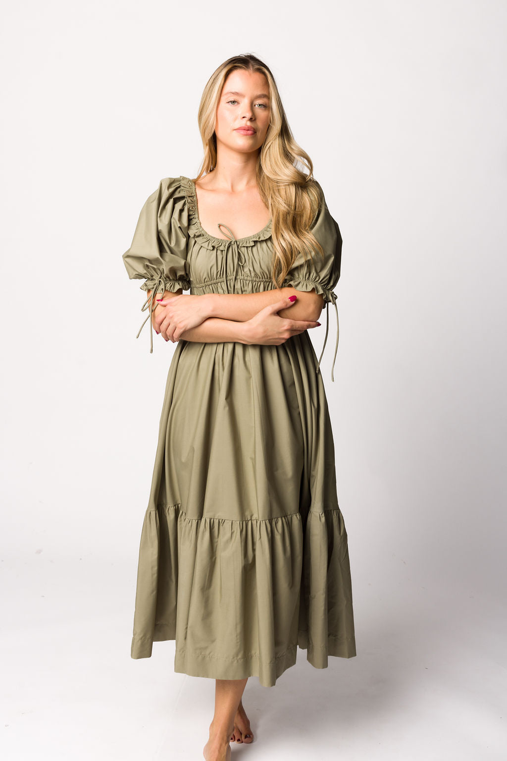 Crissy Ruched Midi Dress in Dusty Olive - Bump Friendly Maternity Dress for Women, Stretchy Bodycon Dress for Pregnancy & Nursing - Perfect for Baby Showers, Date Nights & Special Occasions
