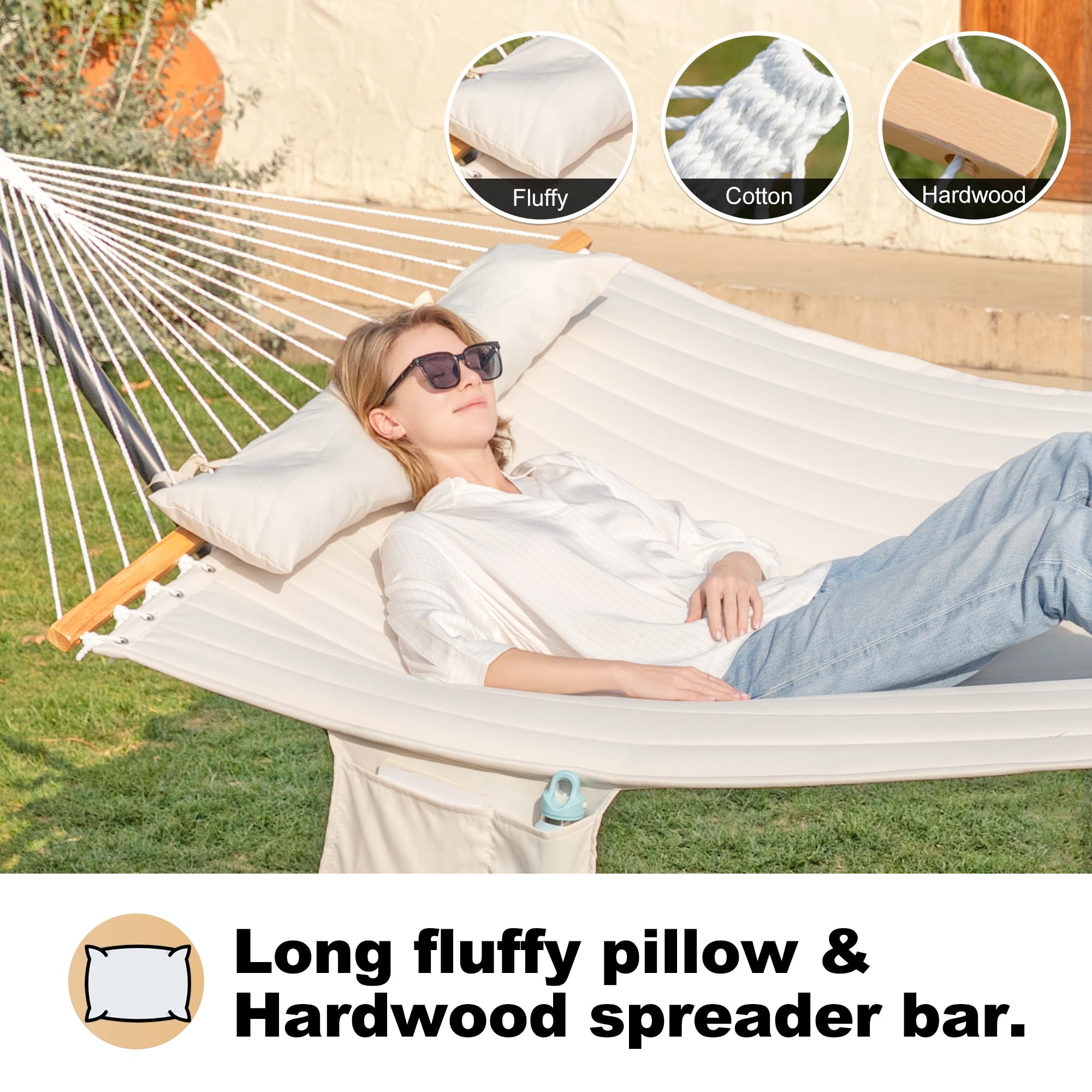 2 Person Hammock with Stand for Outdoor Use - 12ft Heavy Duty Steel Frame, Double Hammock with Hardwood Spreader Bar - Includes Large Removable Pillow & Side Pockets - Supports 475 lbs Weight Capacity (Beige) - Perfect for Backyard Relaxation, Camping Trips and Beach Vacations
