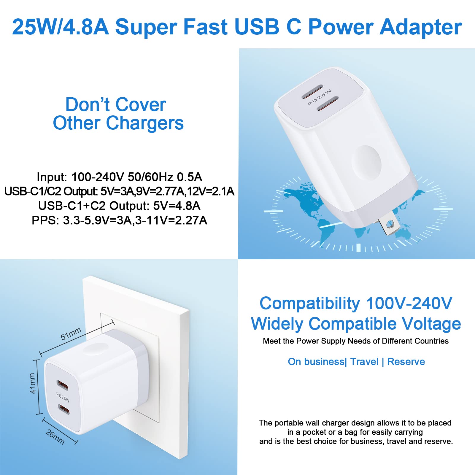 25W Dual Port USB C Fast Charger Block - PD Power Adapter for iPhone 16 Pro Max/16/15 Series, Samsung Galaxy S24/S23/S22 & Android Phones | Compact Wall Charger for Home, Office & Travel