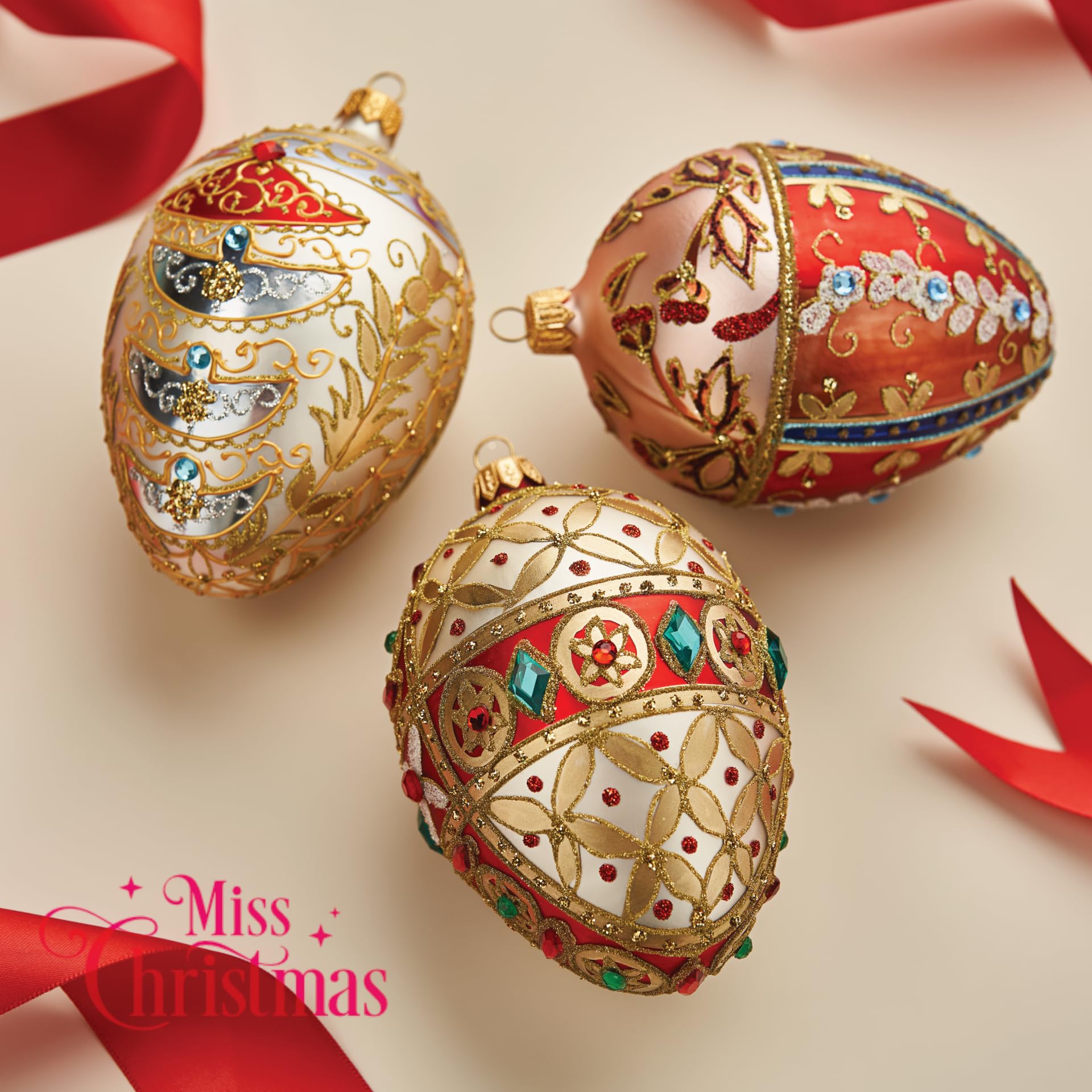 2024 Miss Christmas Palace Collection Red & Gold Fabergé Egg 5-Inch Blown Glass Ornament - Royal Tapestry Pattern Christmas Tree Decoration for Holiday Home Décor & Gift Giving