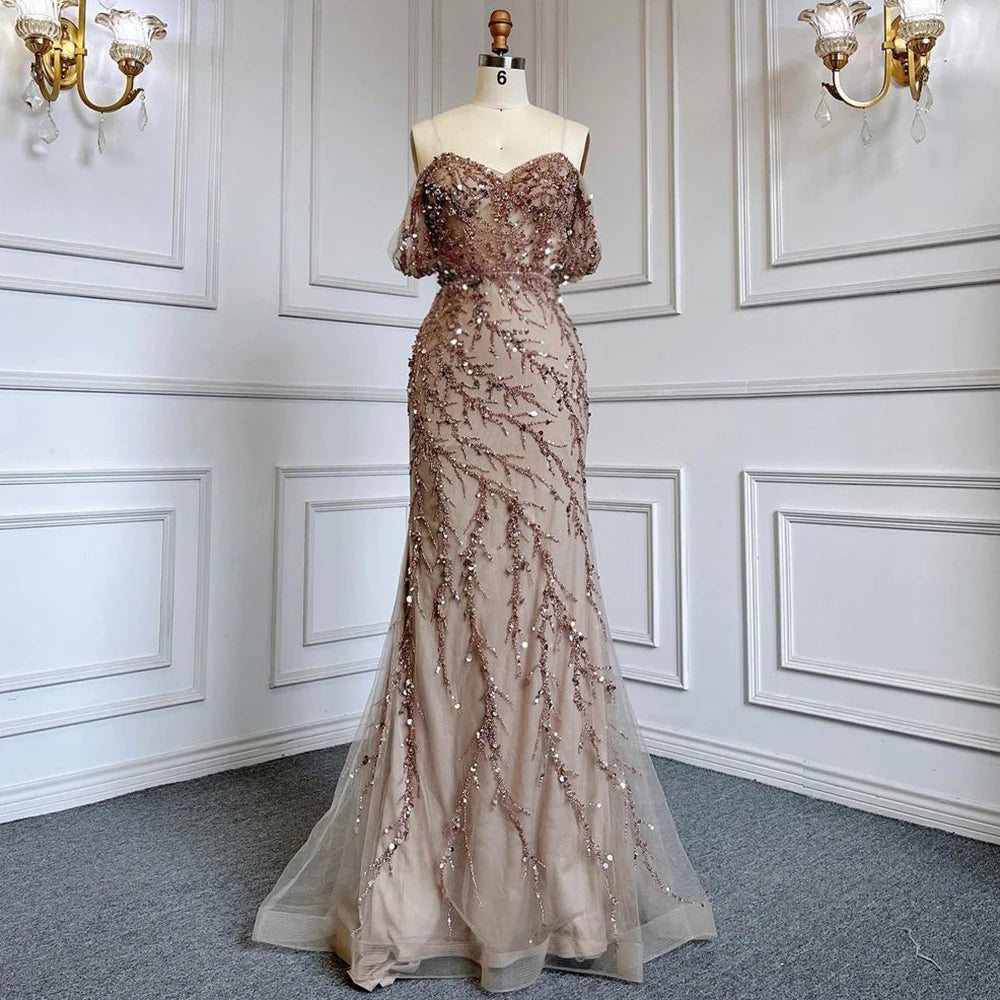 Elegant Beaded Off-Shoulder Mermaid Evening Gown for Women - Pink Luxury Party Dress 2025 | Perfect for Prom, Wedding Guest & Formal Events - Serene Hill LA71653