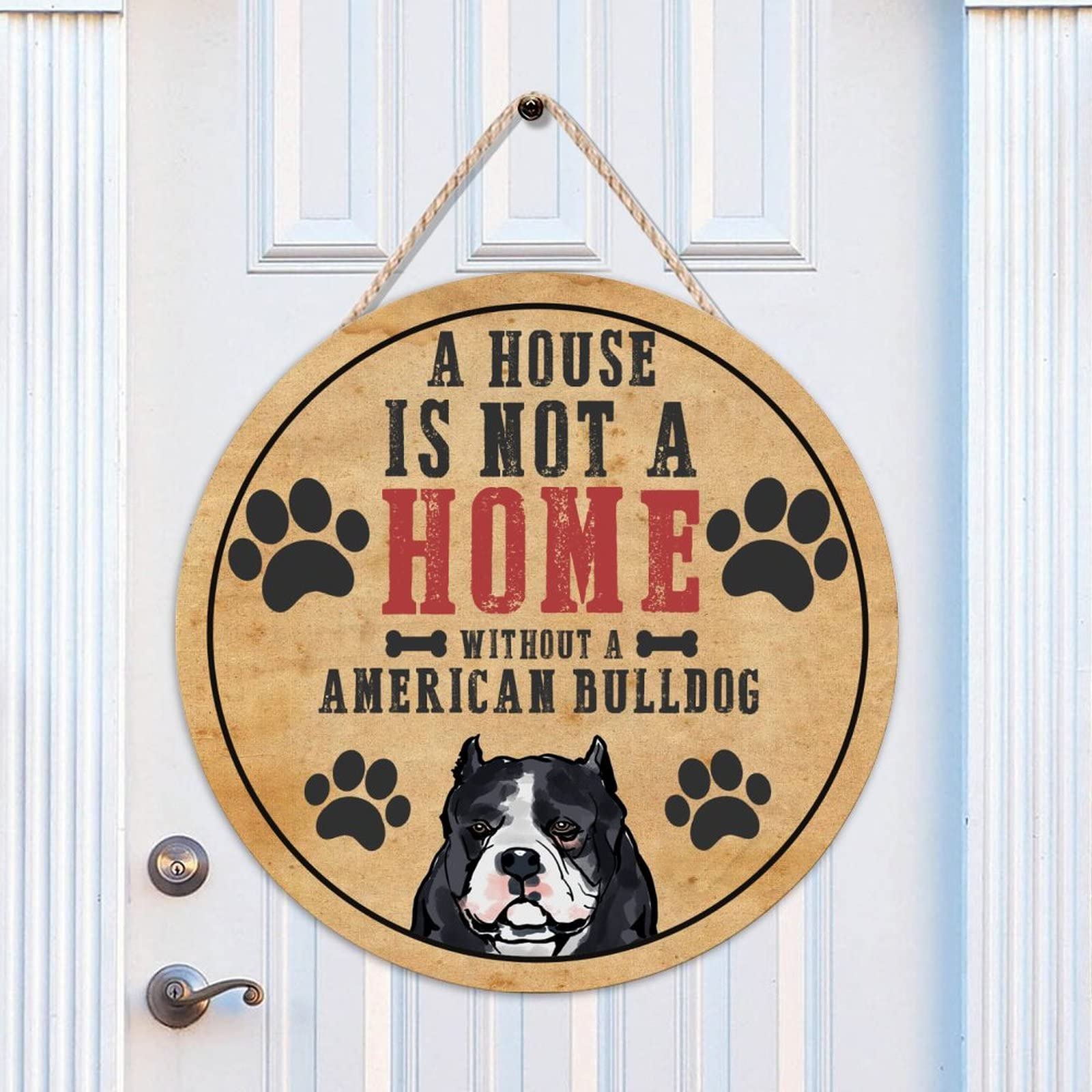 American Bulldog Wooden Door Sign - 18x18 Inch Round Welcome Plaque for Front Door & Backyard - Rustic Wall Hanging Decor Gift for Dog Lovers (Perfect for Farmhouse Entryway, Pet Room, or Outdoor Patio)