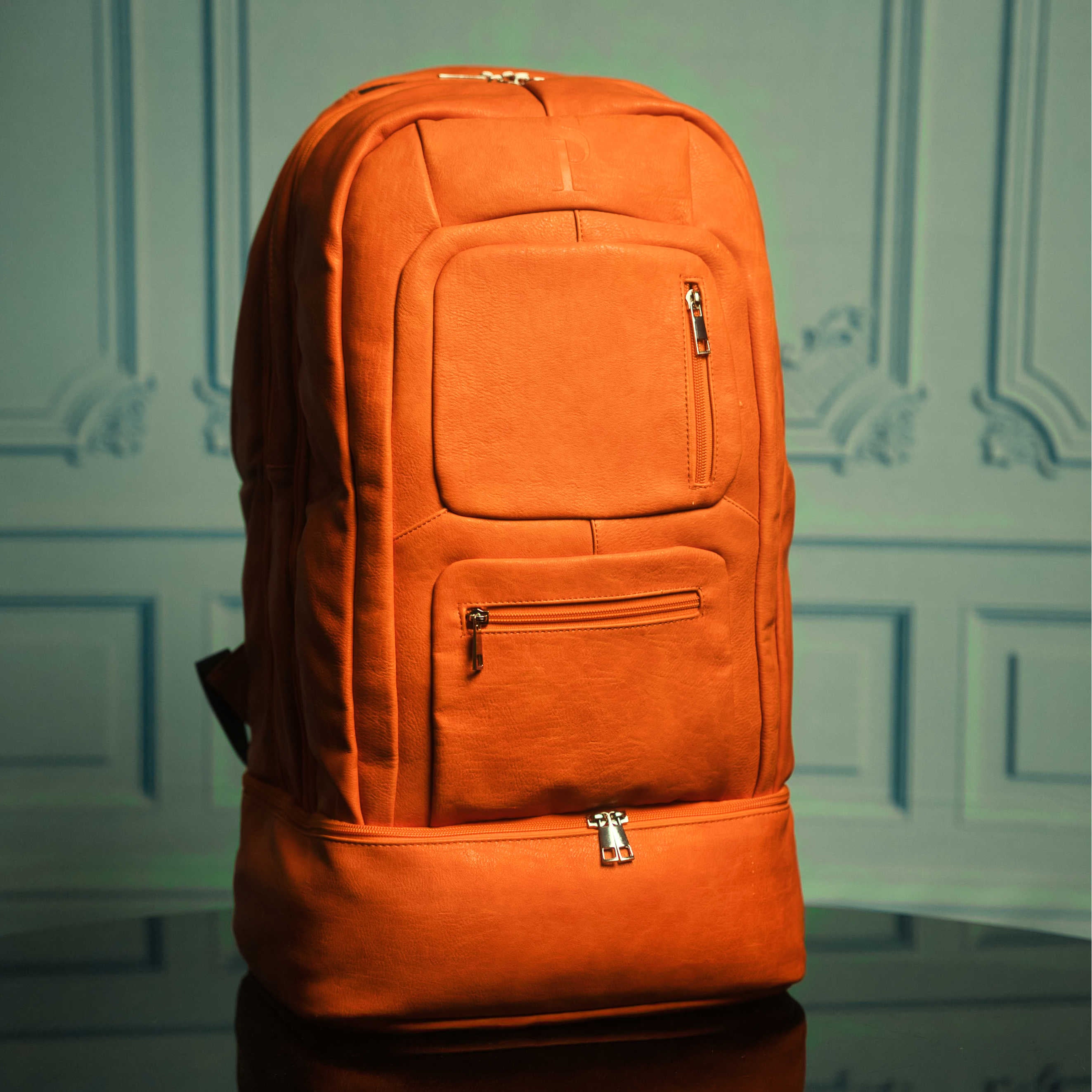 Premium Orange Leather Carry-On Backpack - Patented Signature Design for Travel & Business - Perfect for Airplane, Commute & Weekend Getaways
