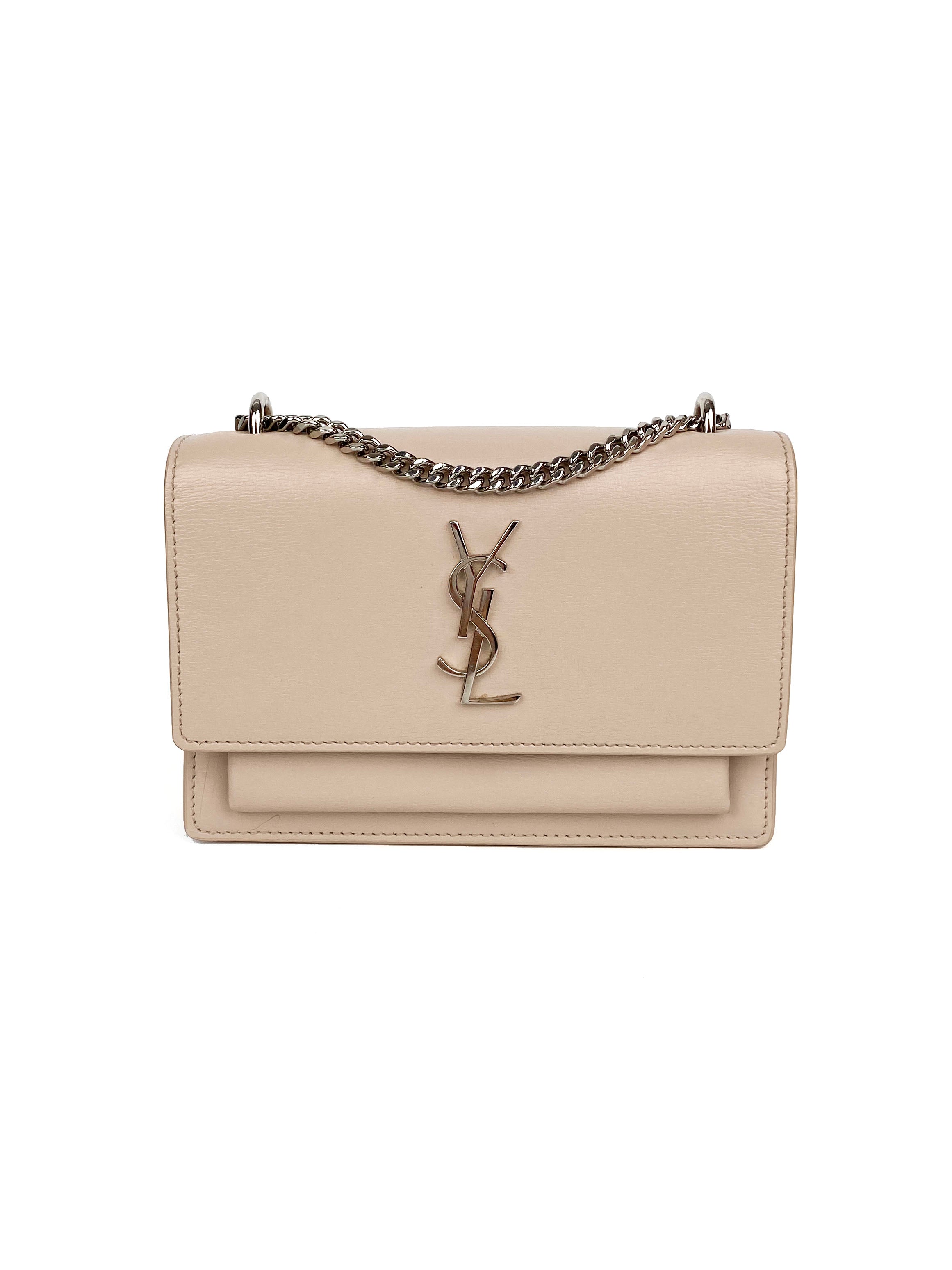 Saint Laurent Sunset Chain Wallet in Light Pink - Luxury Crossbody Bag for Women, Perfect for Evening Outings and Special Occasions