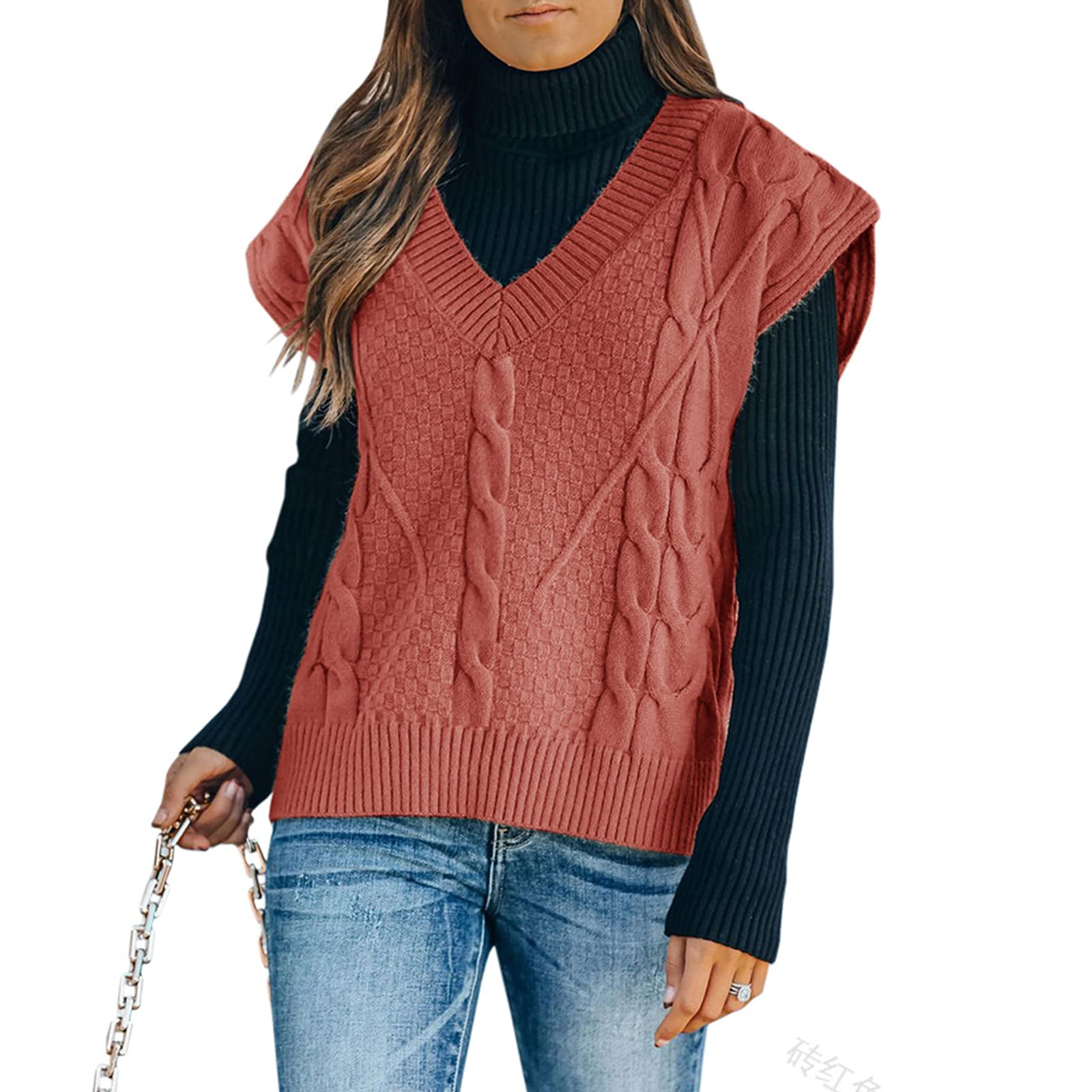 Dcohmch Women's Sleeveless Knit Vest - Casual V-Neck Oversized Lightweight Pullover Sweater, Y2K Fashion, Plus Size (Brick Red, Small) | Perfect for Layering, Office Wear & Casual Outfits