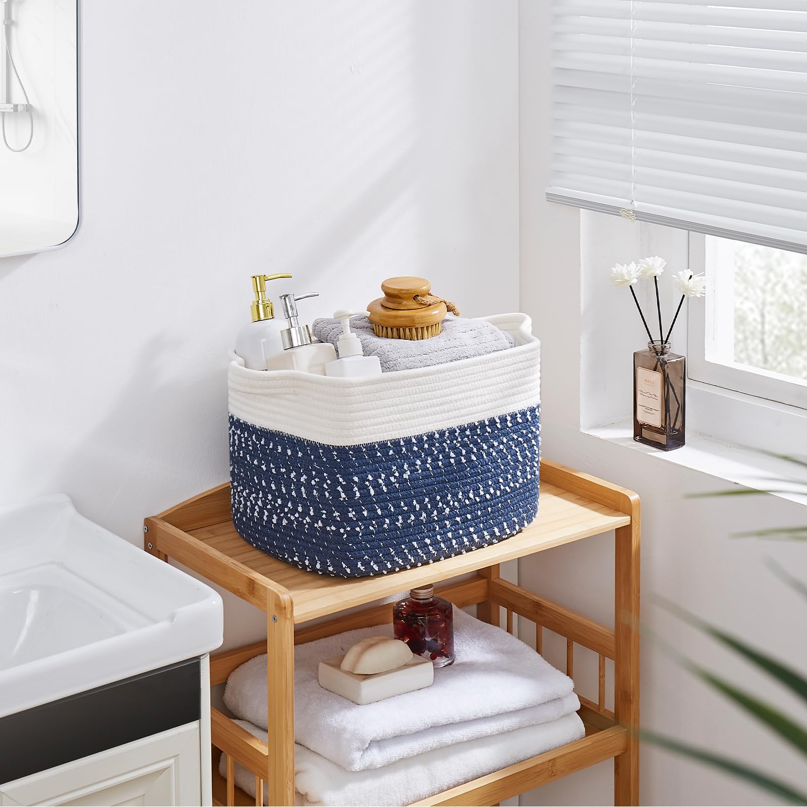 OIAHOMY 3-Pack Woven Cotton Rope Storage Baskets - White & Blue, Organize Toys, Towels & Bathroom Essentials - Perfect for Home, Nursery & Laundry Room Organization