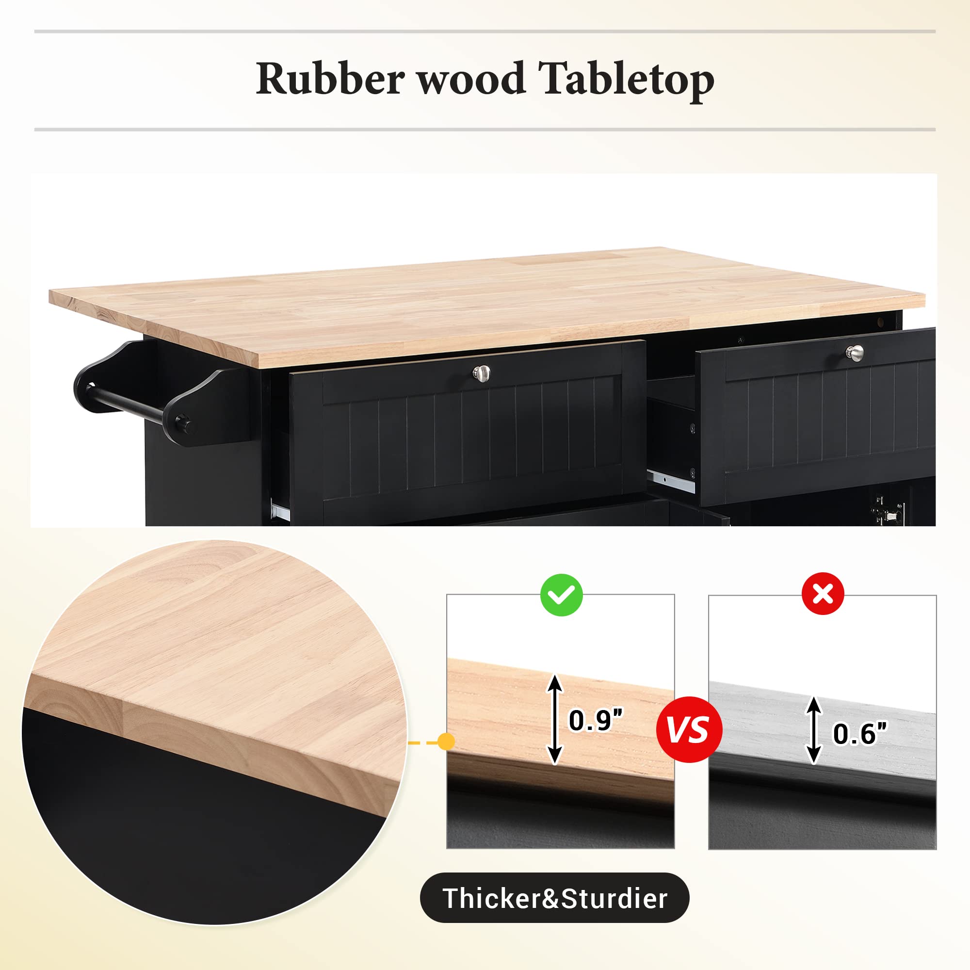 Farmhouse Kitchen Island Set with Drop Leaf & 2 Seats - Dining Table with Storage Cabinet, Drawers & Towel Rack - Rustic Kitchen & Dining Room Furniture (Black) - Perfect for Small Space Cooking, Entertaining & Extra Storage
