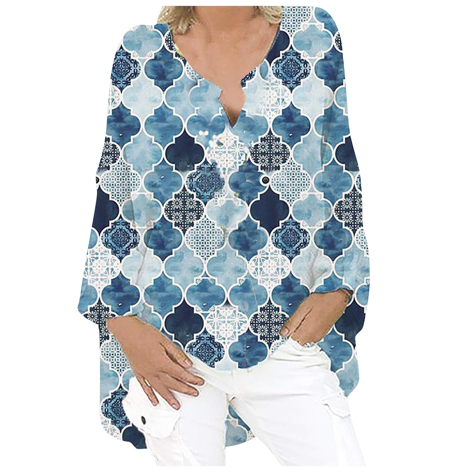 Women's Floral Printed Tunic Tops - Long Roll Sleeve V-Neck Blouses for Casual & Dressy Occasions | Perfect for Office Wear, Date Nights & Spring Outfits