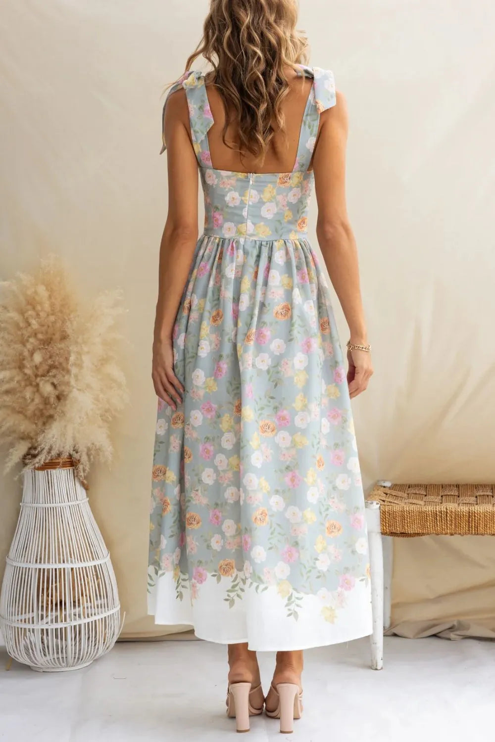 Floral Print Tie Shoulder Midi Cami Summer Dress for Women - Perfect for Beach Vacations, Date Nights & Outdoor Parties