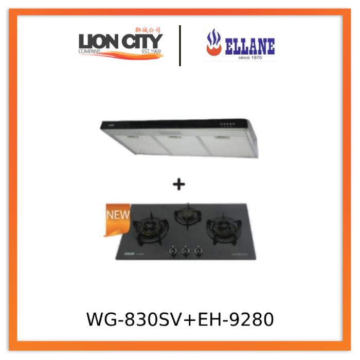 Ellane 60cm/90cm Slimline Range Hood with Black Panel EH 9280 & WG 830SV 87cm 3-Burner Glass Cooktop - Modern Kitchen Ventilation System for Home Cooking and Smoke Removal