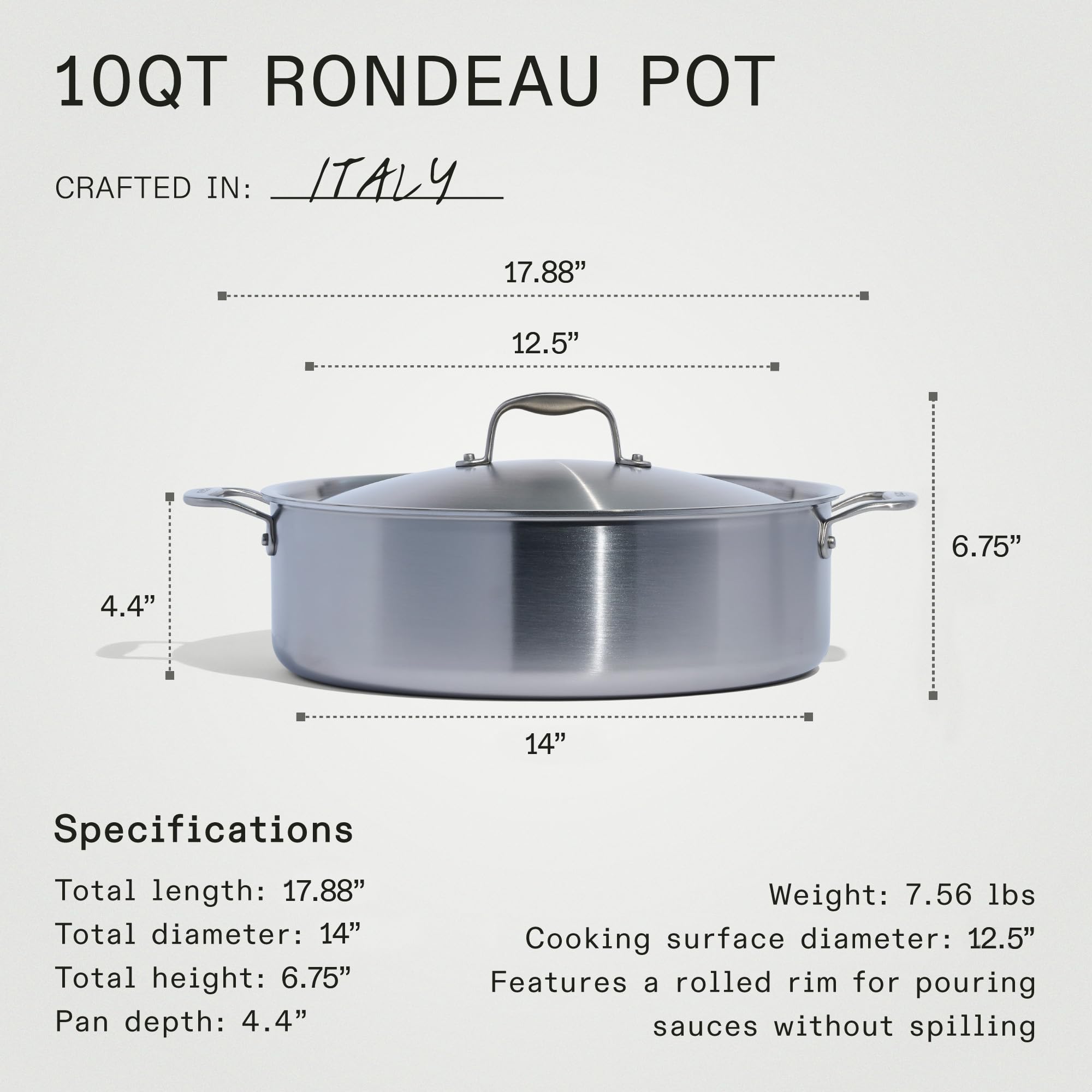 Professional 10 Quart Stainless Steel Rondeau Pot with Lid - 5-Ply Clad Induction Compatible Cookware - Made in Italy - Perfect for Soups, Stews & Braising in Commercial Kitchens & Home Cooking