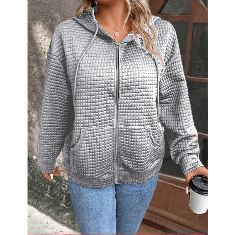 Women's Waffle Knit Hooded Sweatshirt with Drawstring Pockets - Long Sleeve Casual Zipper Jacket for Fall & Winter Layering - Perfect for Outdoor Activities, Lounge Wear and Street Fashion