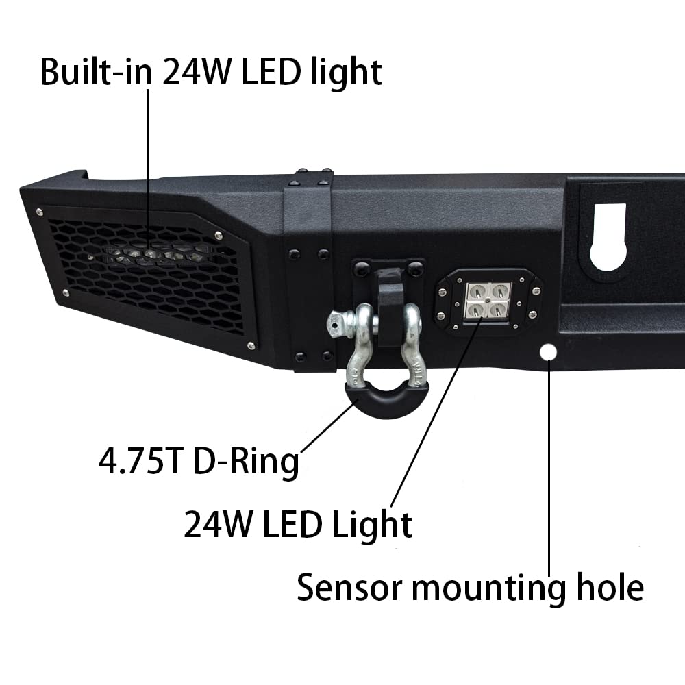 Black Textured Rear Bumper with 4 LED Lights & 2 D-Rings for 2010-2018 Dodge RAM 2500/3500 Trucks - Heavy Duty Protection & Off-Road Towing Accessory