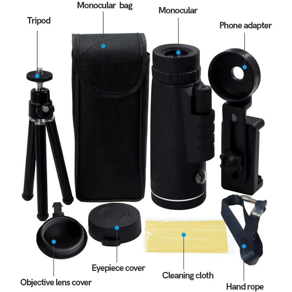 40X60 High Power Monocular Telescope for Bird Watching, Hunting, Camping & Travel - Compact & Lightweight with Smartphone Adapter, Tripod & Carry Case (Black) | Perfect for Outdoor Adventures, Wildlife Observation & Sports Events