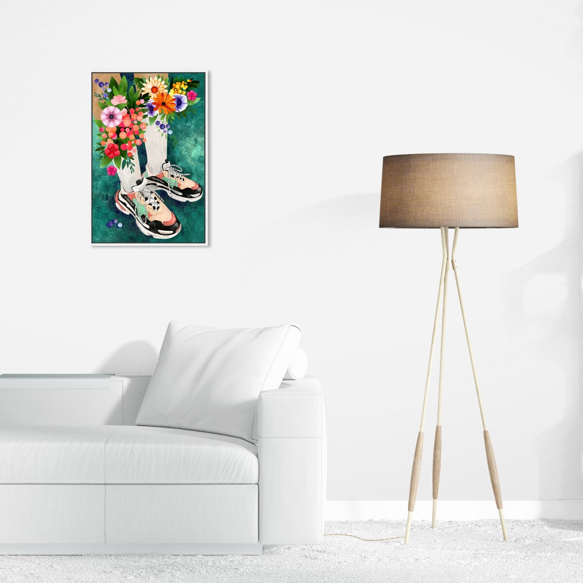 Stylish Floral Sneakers & Socks Set with Modern Green Canvas Wall Art - Perfect for Bedroom Decor and Casual Outfits