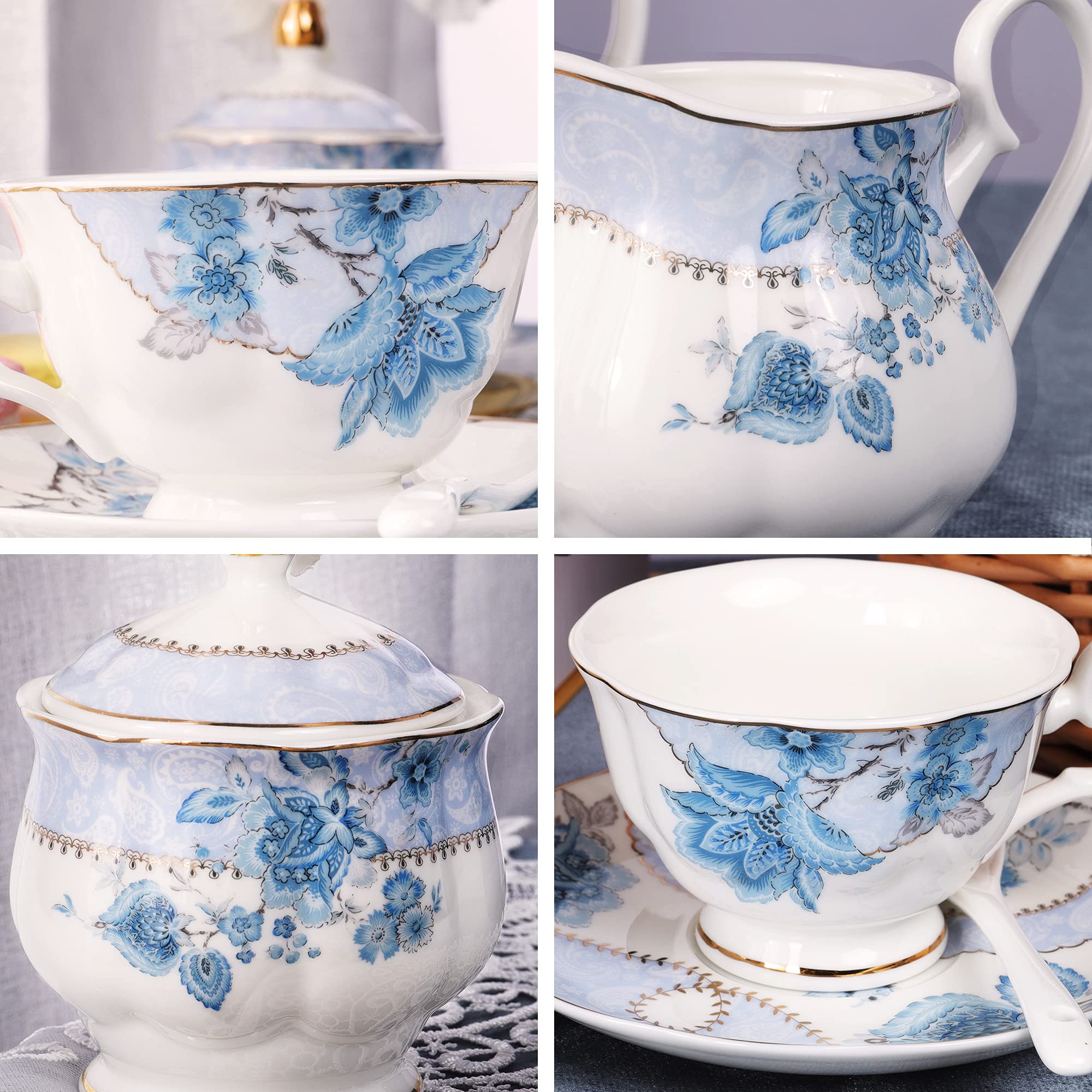 Fanquare Blue Floral Porcelain Tea Set for 6 with Golden Metal Coffee Mug Holder - Elegant Afternoon Tea Party & Coffee Break Set for Home, Office or Gift