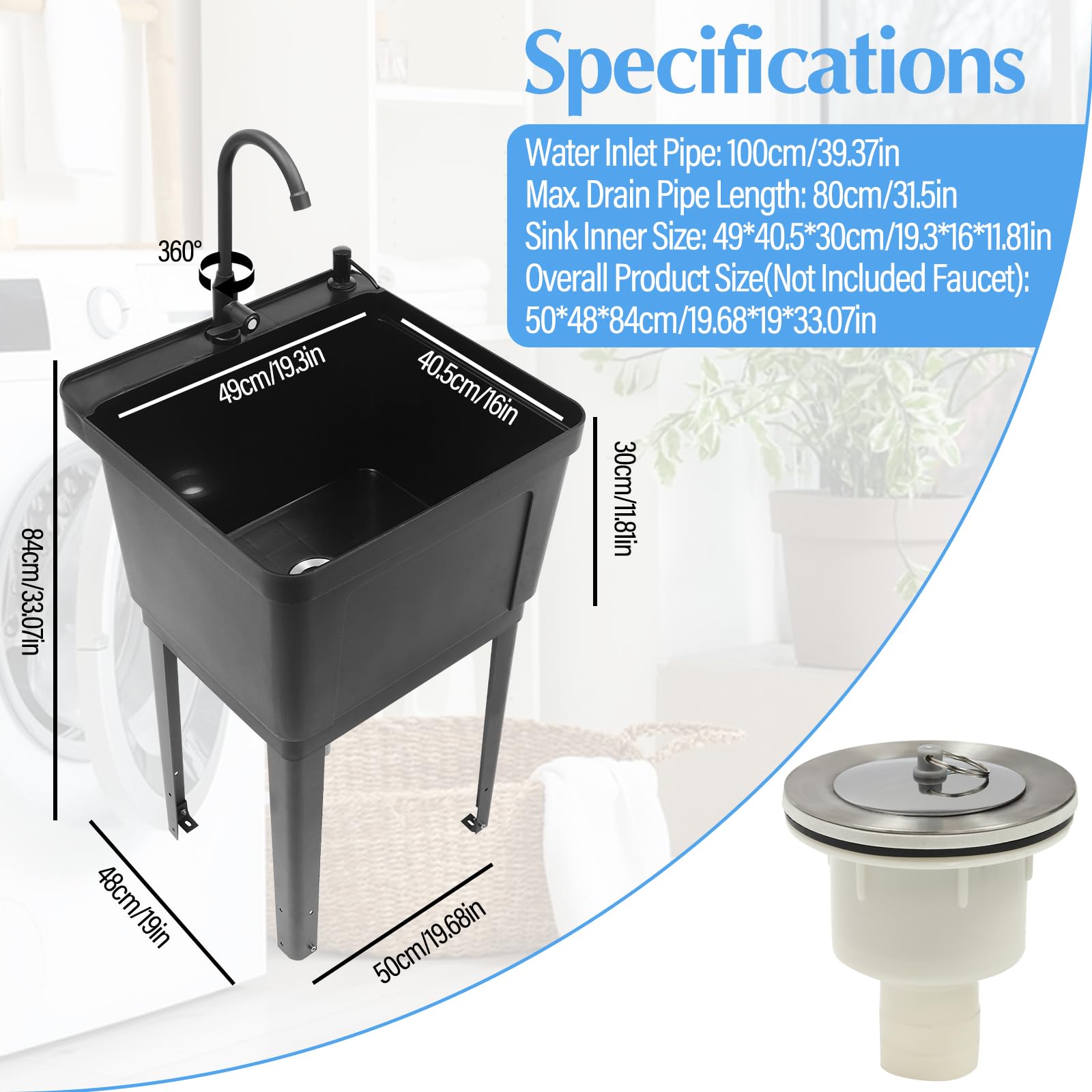 Heavy Duty Utility Sink Laundry Tub - Freestanding Wash Station with Rotatable Faucet & Soap Dispenser | Durable Plastic Slop Sink for Basement, Garage, Workshop | Ideal for Laundry, Cleaning Tools, Pet Washing & DIY Projects (Black)