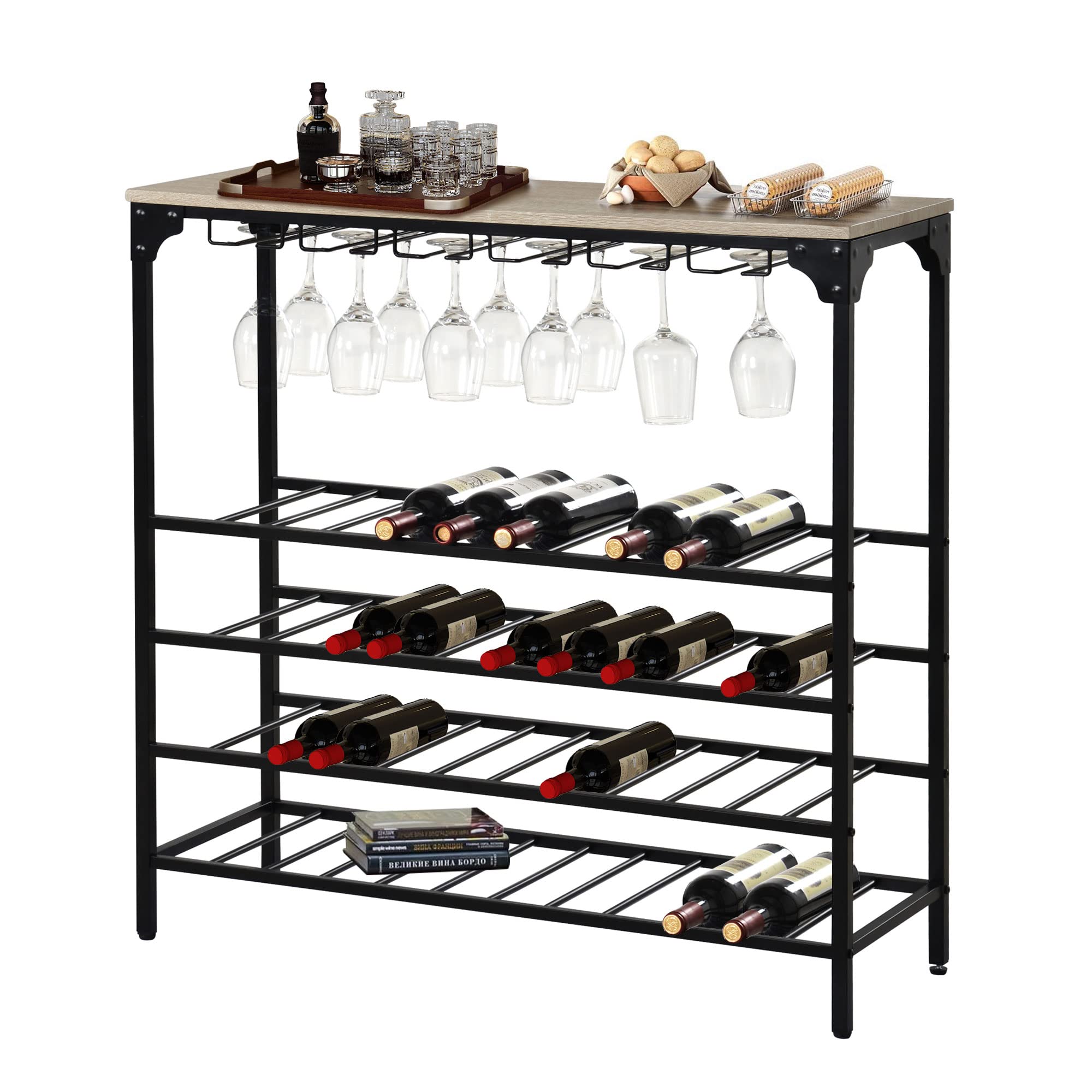AWQM 5-Tier Industrial Wine Rack Table - Freestanding Wine Storage Organizer for 40 Bottles with Glass Holder | Wine Cabinet for Kitchen, Dining Room & Bar | Space-Saving Design for Small Places (Beige) | Perfect for Home Entertaining & Wine Collection Display