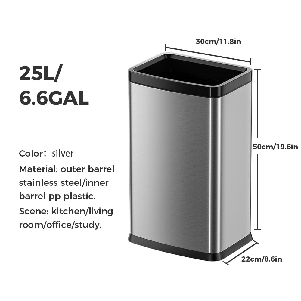 25L/6 Gallon Stainless Steel Square Trash Can - Large Kitchen & Office Commercial Garbage Bin (Silver, 11.8